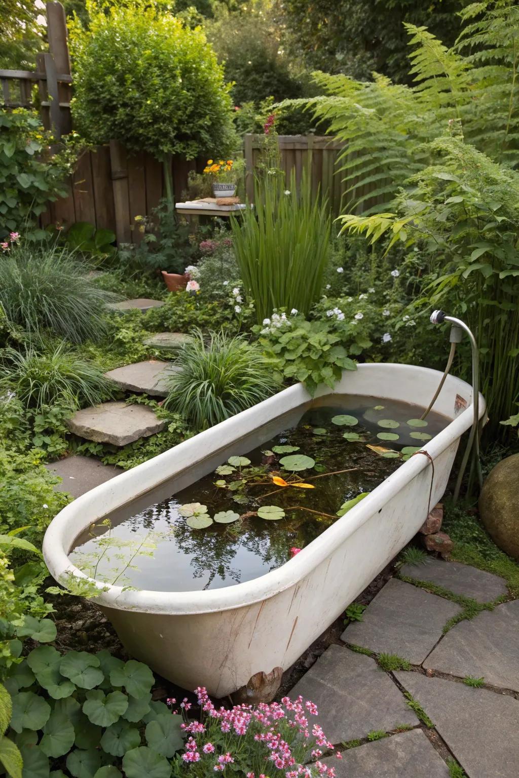 An antique tub lovingly turned into a delightful mini pond.