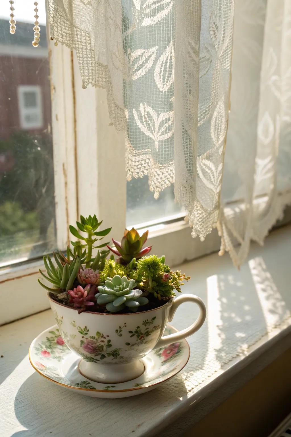 An antique cup becomes a charming desert gem display.