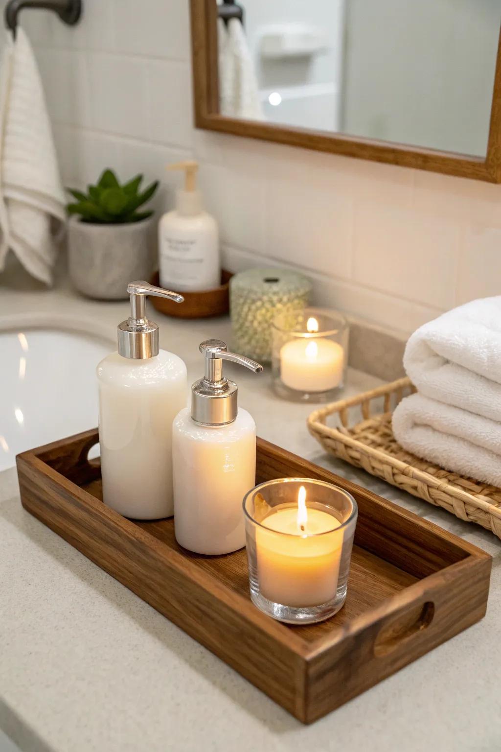 A timber display introduces structure and flair to this minimalist bathroom countertop.