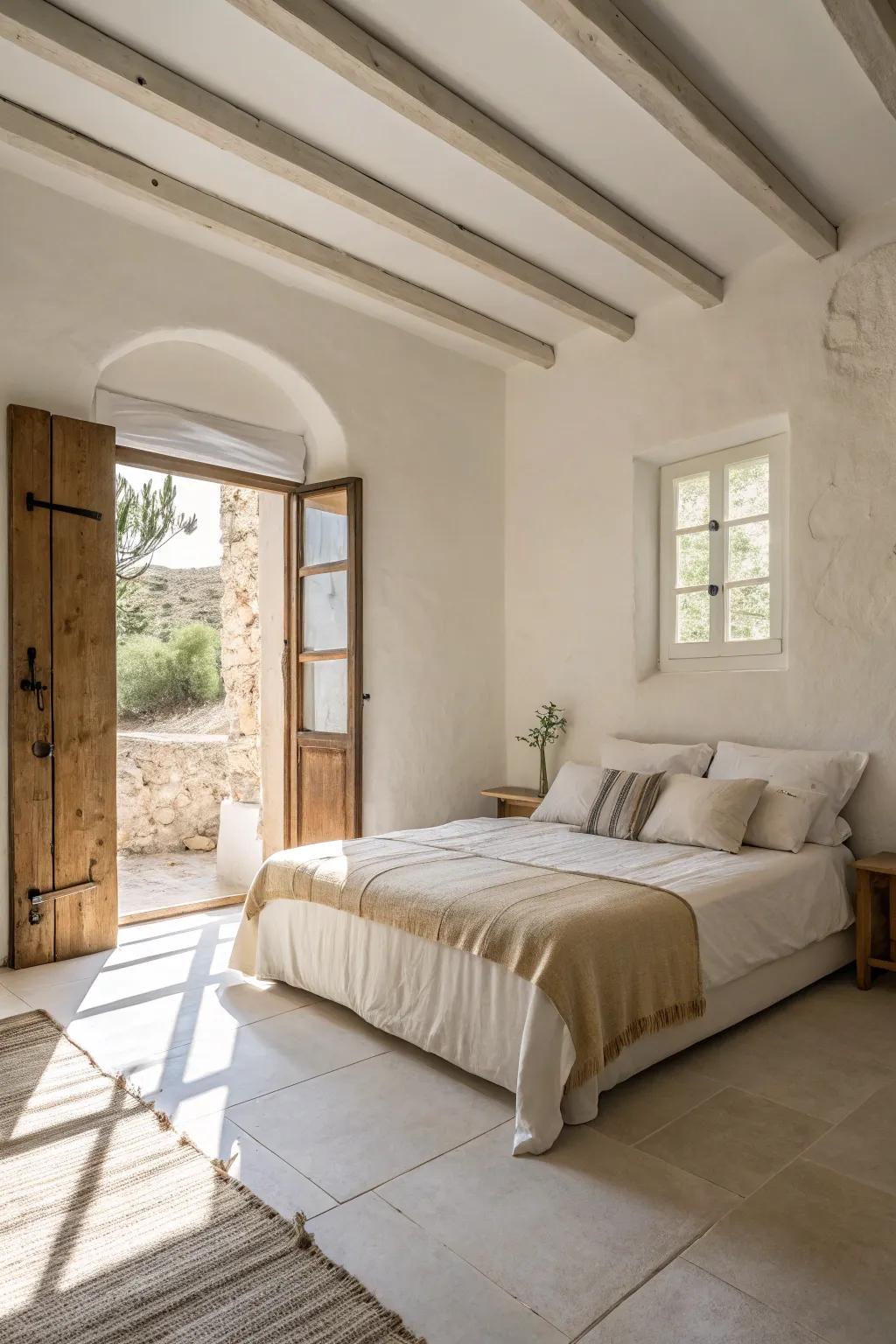 A bedroom showcases a soothing neutral color scheme.