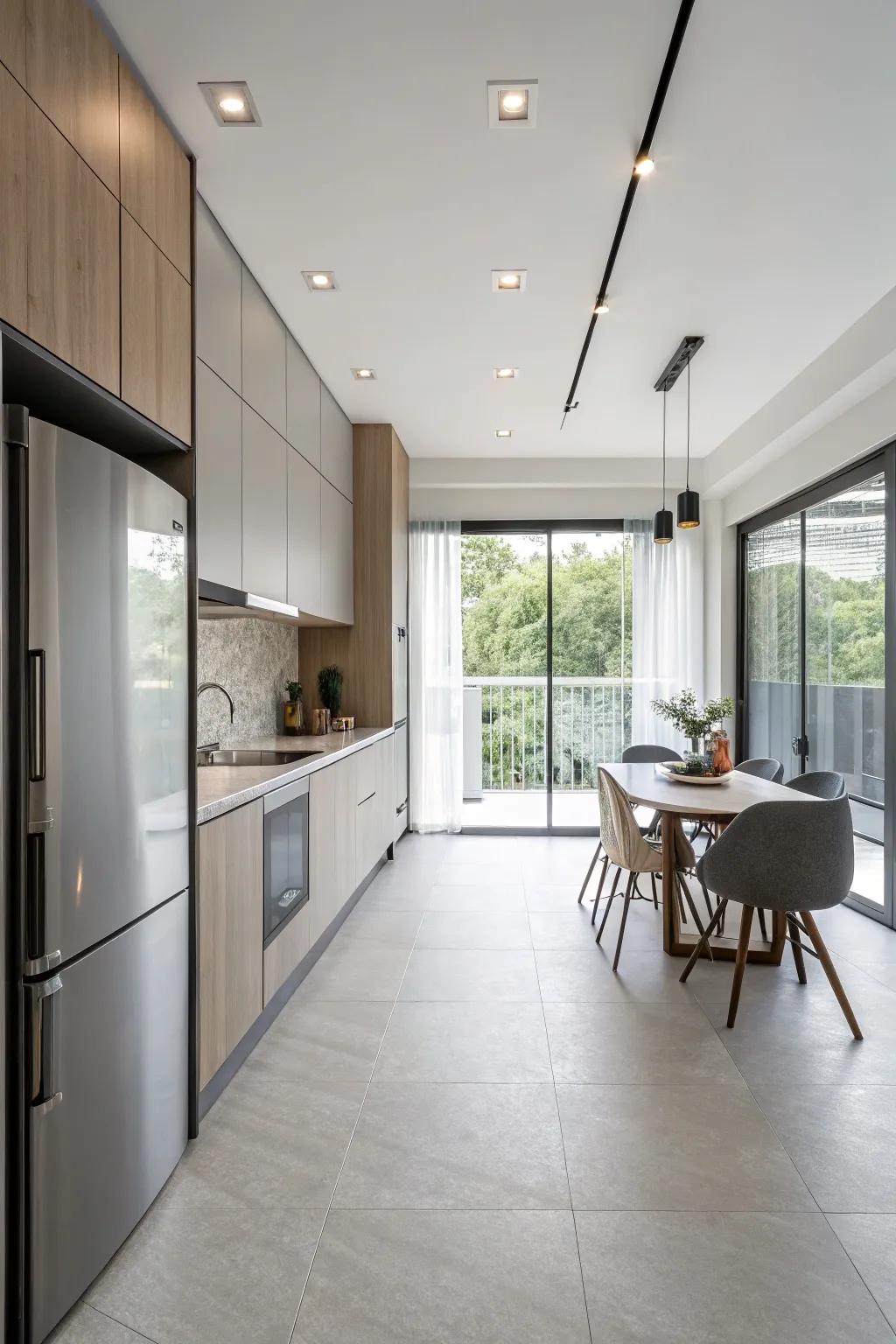 A minimalist kitchen showcasing sleek, straight lines for a modern look.