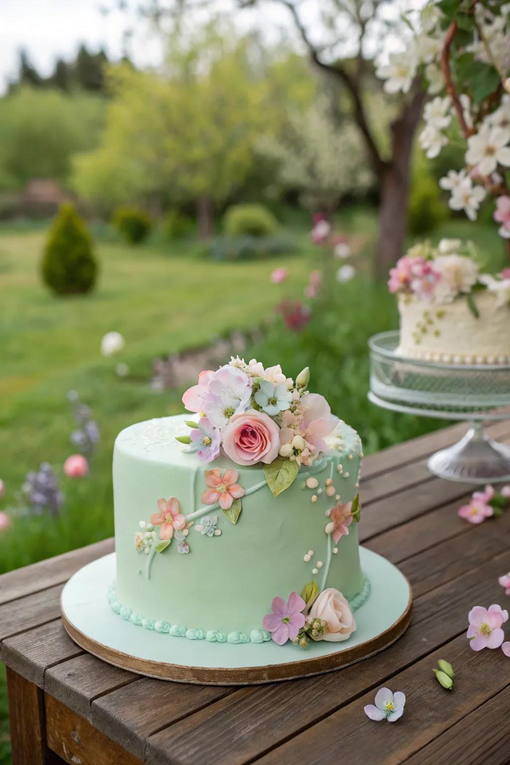 A turquoise cake gracefully embellished with floral accents.