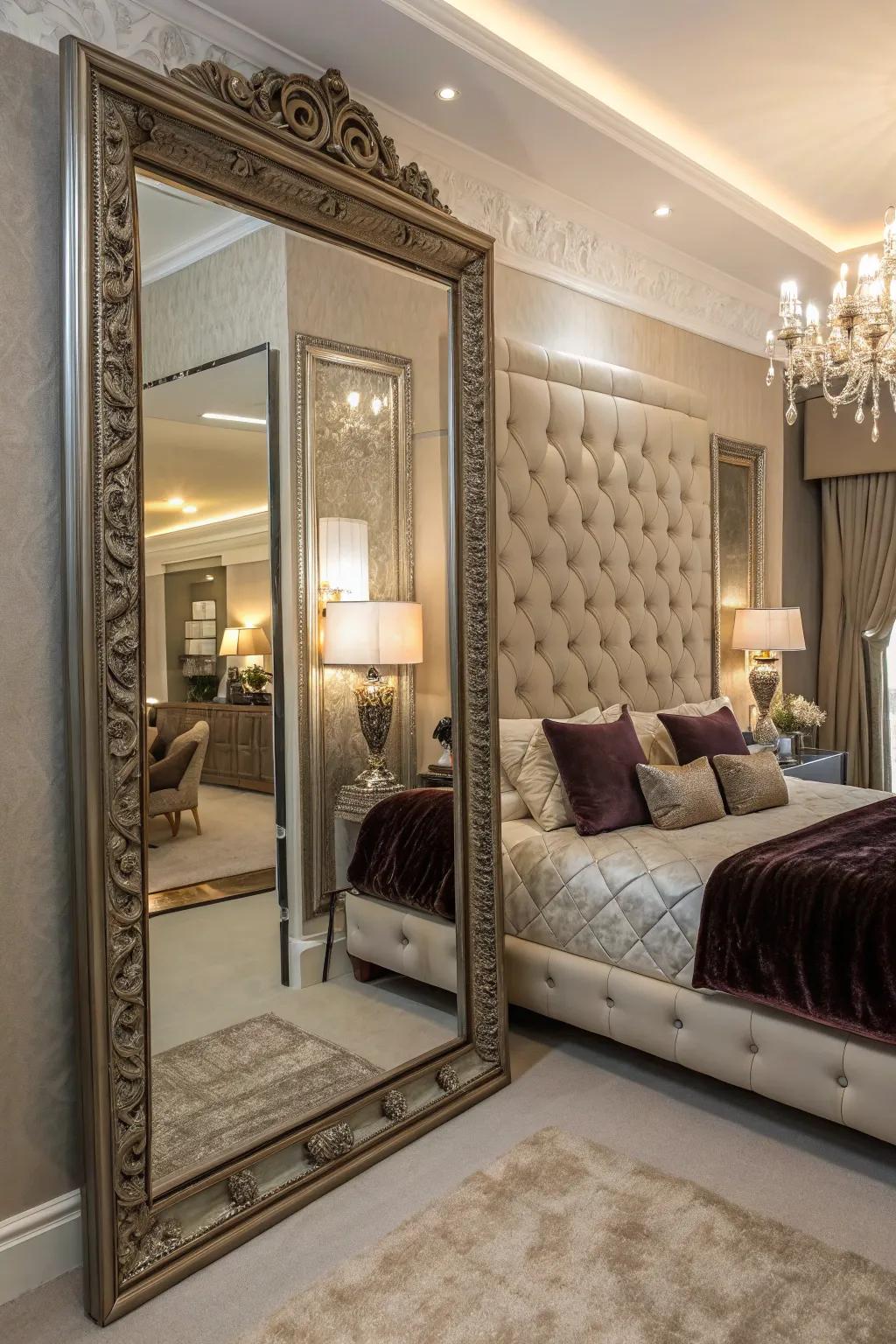 A dramatic statement mirror infuses your bedroom with elegance and flair.