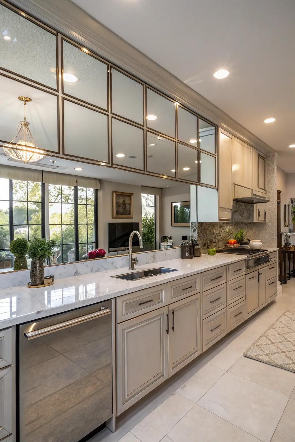 A kitchen featuring a mirrored backsplash that enhances spaciousness and luminosity.