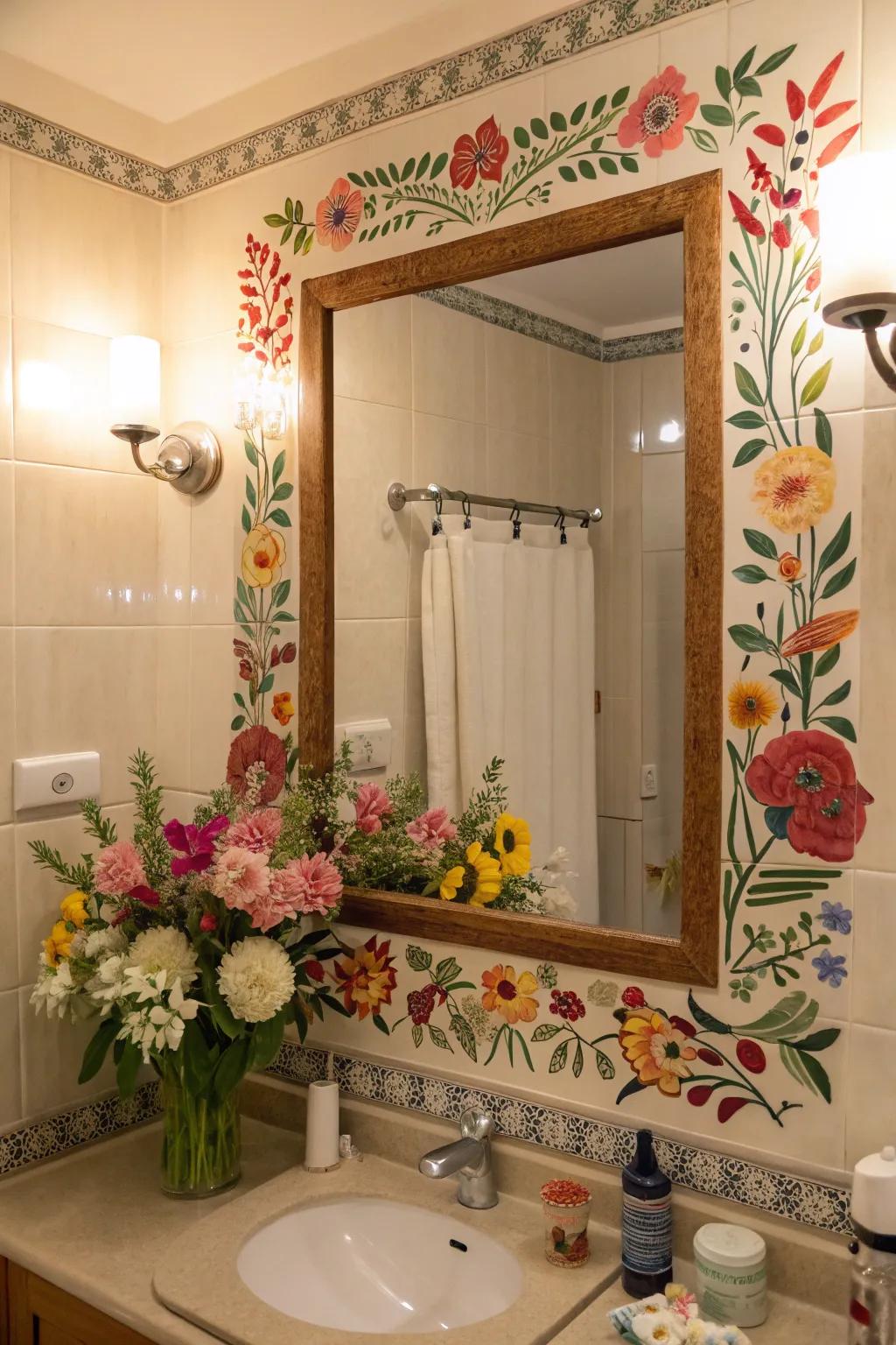 Enhance your mirrors with floral charm for a rejuvenating ambiance.