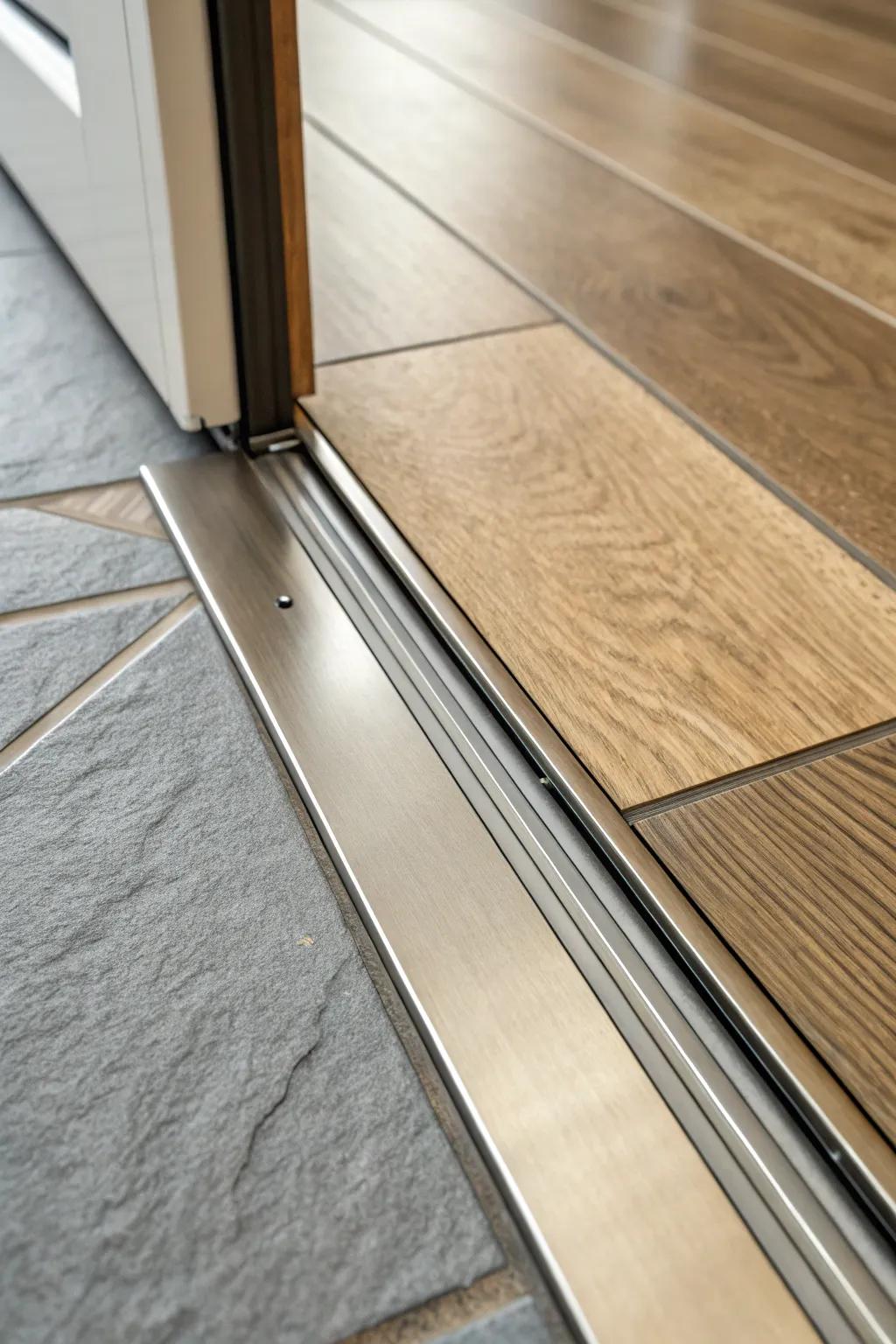 A sleek metal transition strip elegantly joins tile and hardwood flooring.