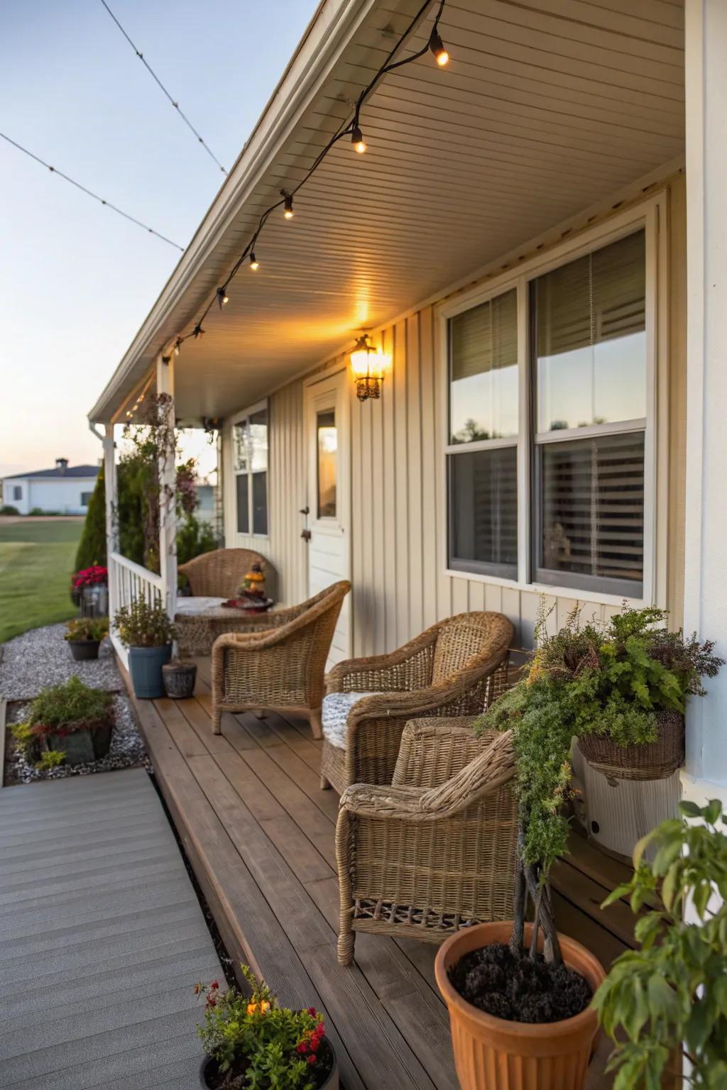 A welcoming porch featuring wicker seating and vibrant potted plants attached to a mobile home, creating an ideal relaxation spot.