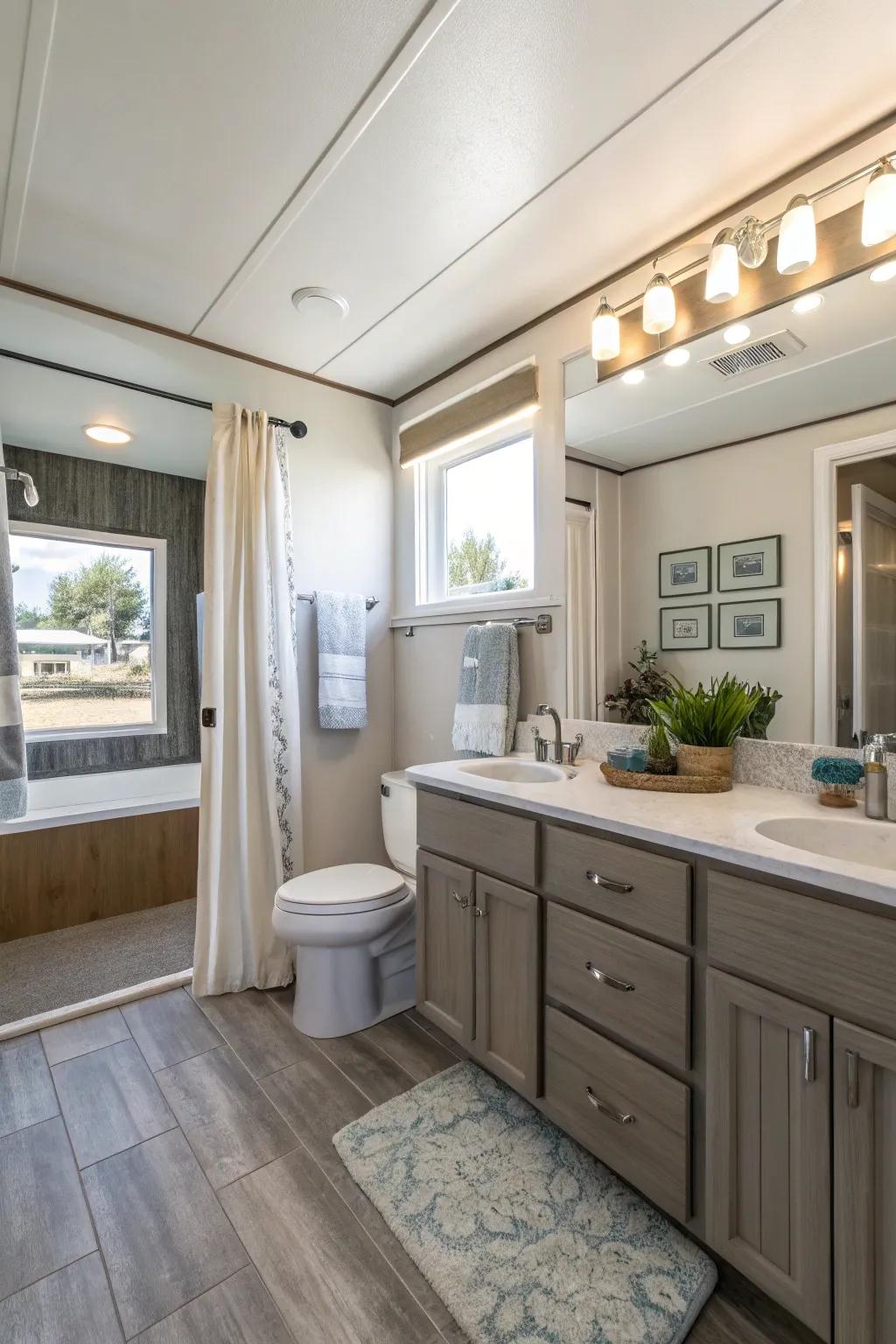 A carefully planned open-concept bathroom layout in a mobile home, designed to maximize space.