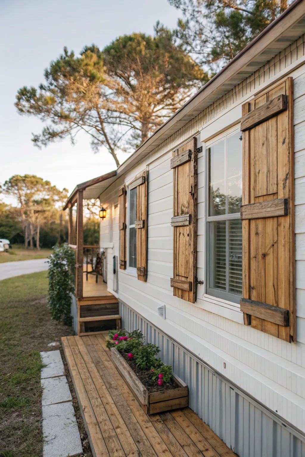 Shutters made from reclaimed wood, adding a rustic touch to a mobile home.