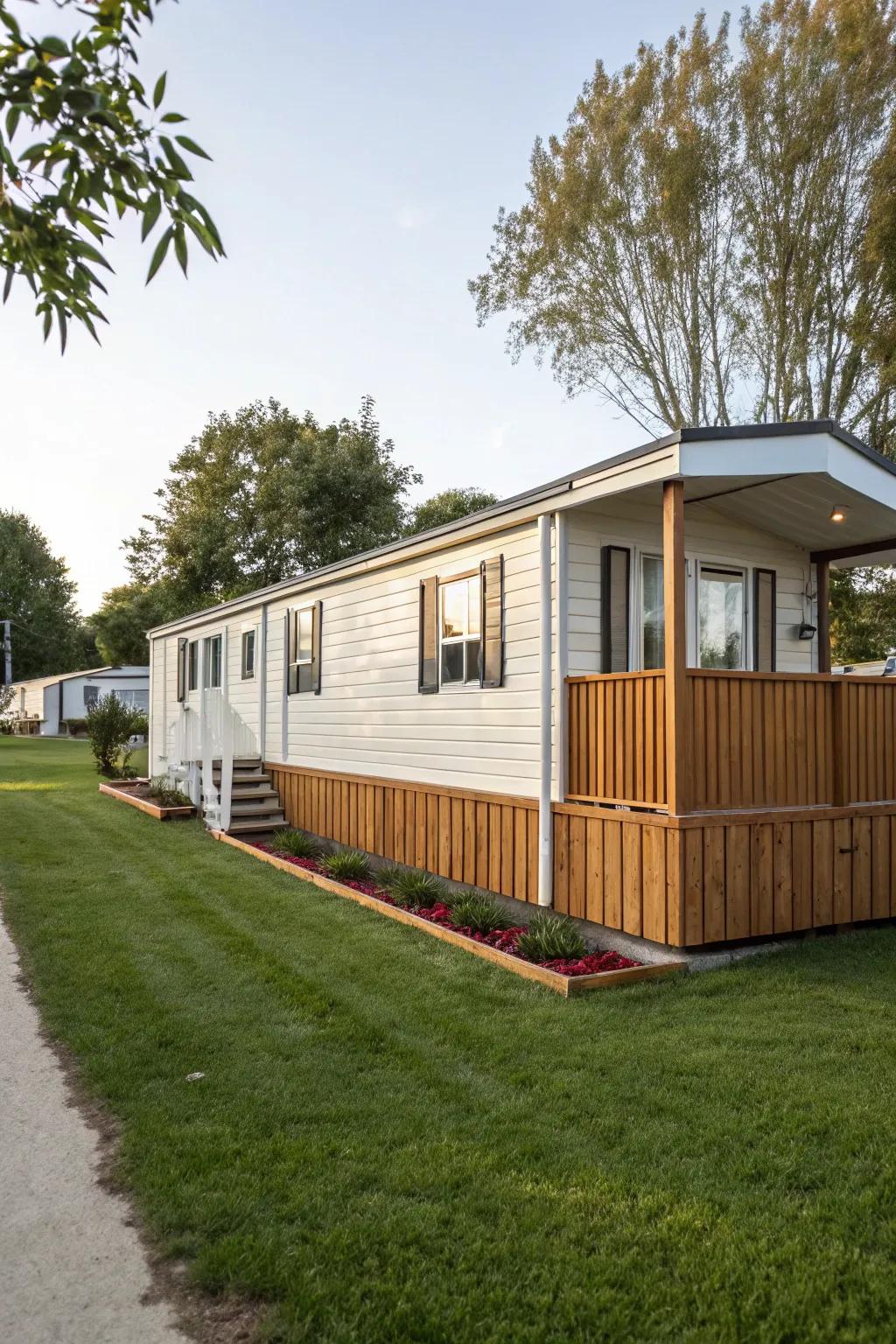 Horizontal wood panels ensure your mobile home has a cohesive and ageless exterior.