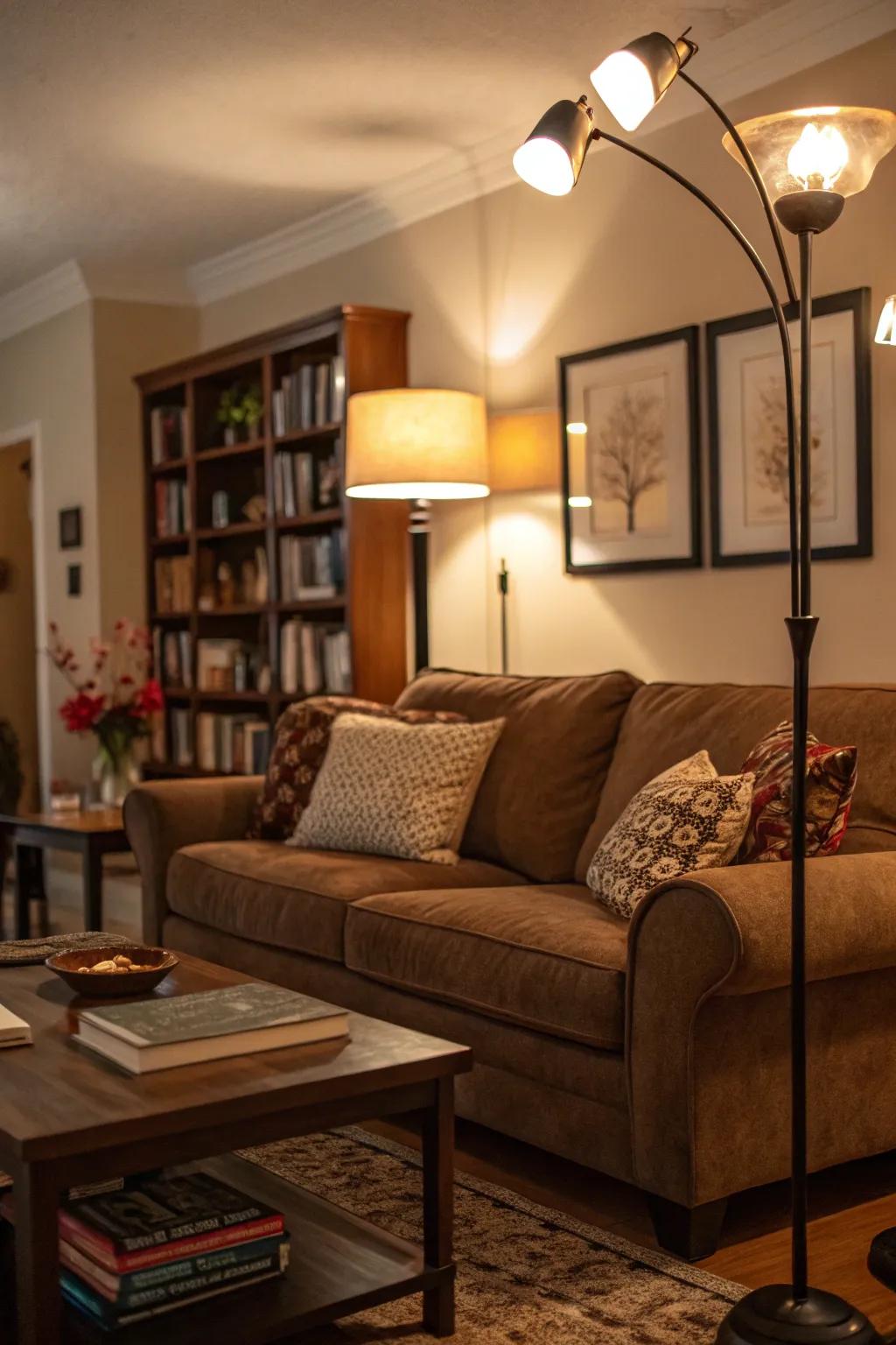 Gentle lighting enhances the cozy atmosphere surrounding the chocolate sofa.