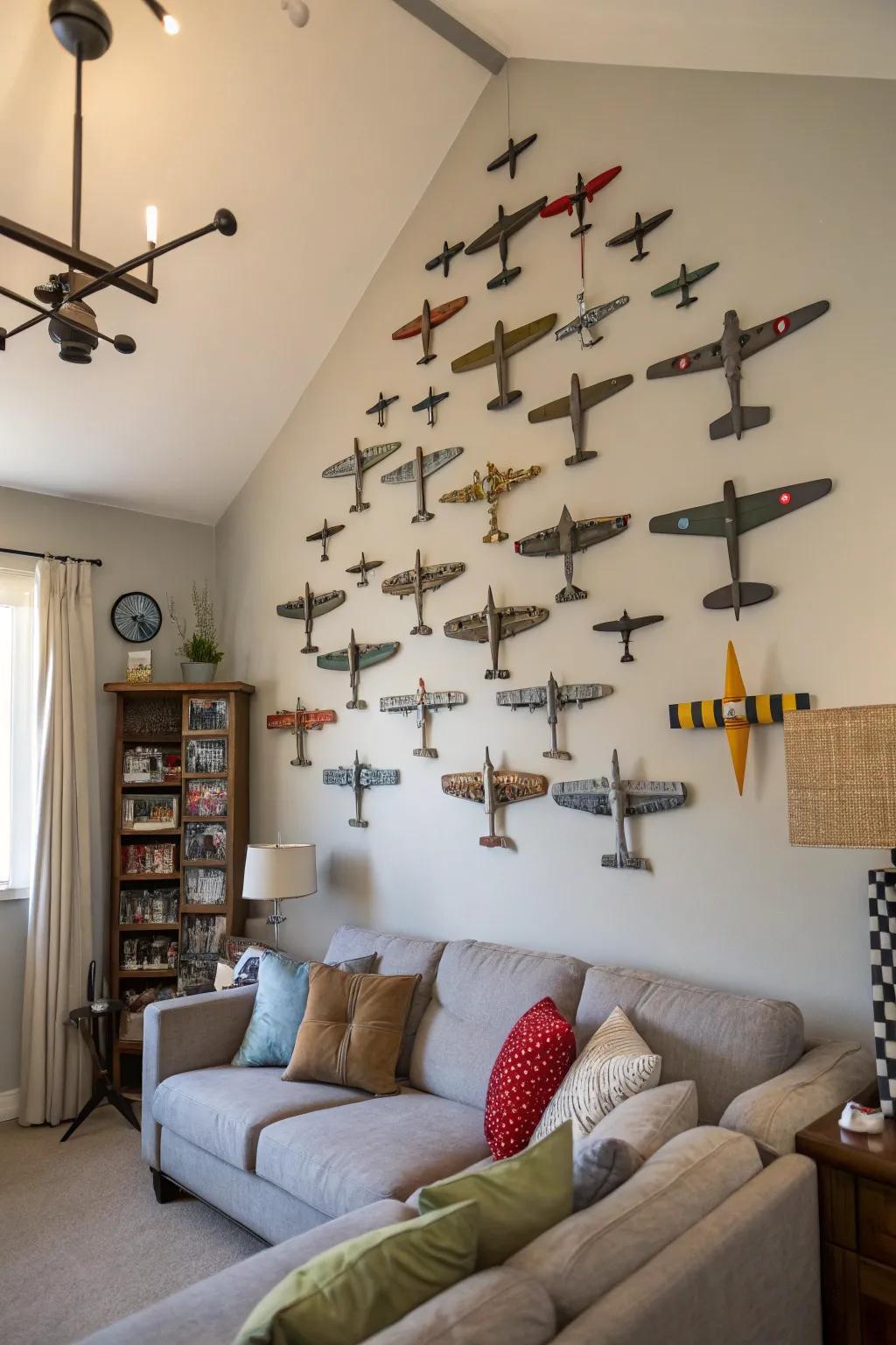 Arranging model airplanes on the wall creates a captivating artistic display.