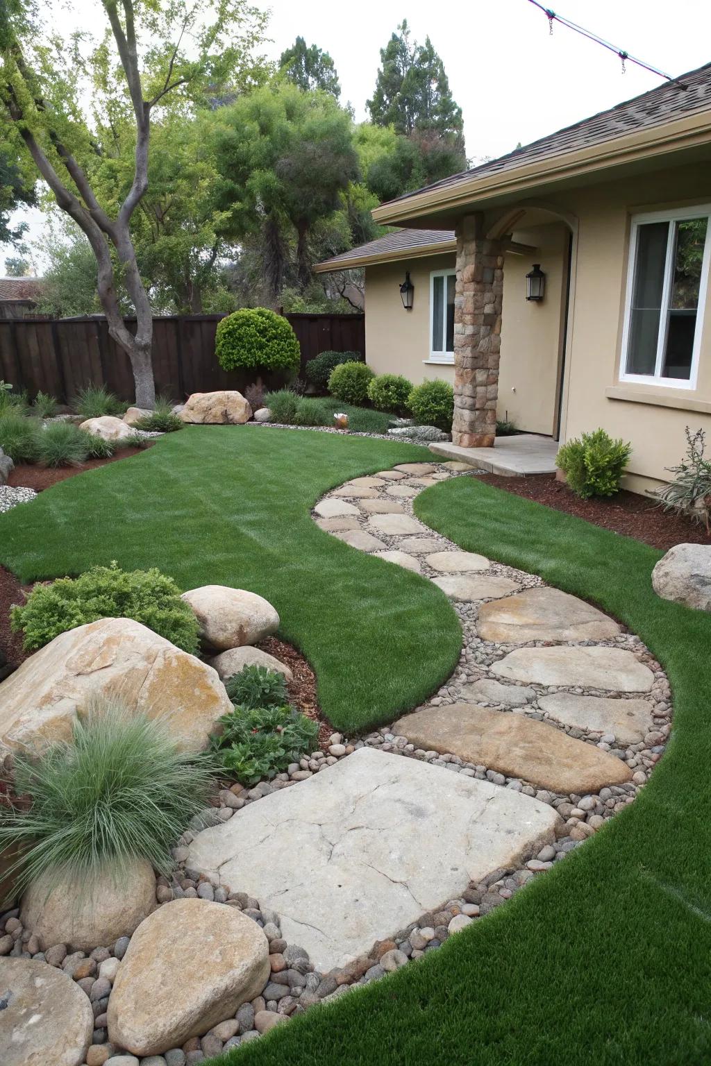 A front yard featuring synthetic lawn blending with authentic stone, creating a balanced look.