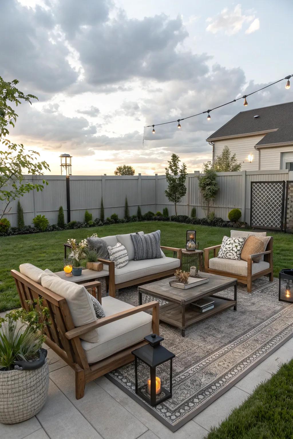 A delightful outdoor living space featuring bright seating in a contemporary backyard.