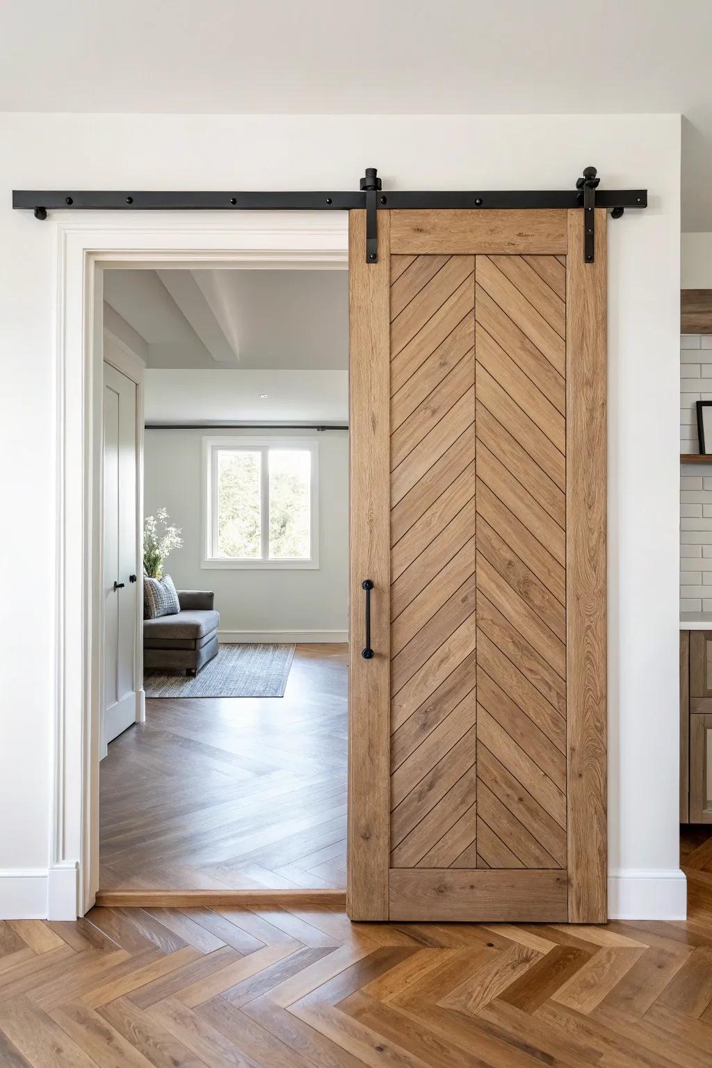 Herringbone patterns give a bold and sophisticated touch to a barn door.
