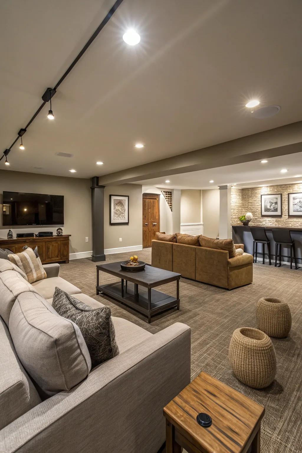 Recessed lights seamlessly blend into the ceiling, keeping the basement bright and uncluttered.