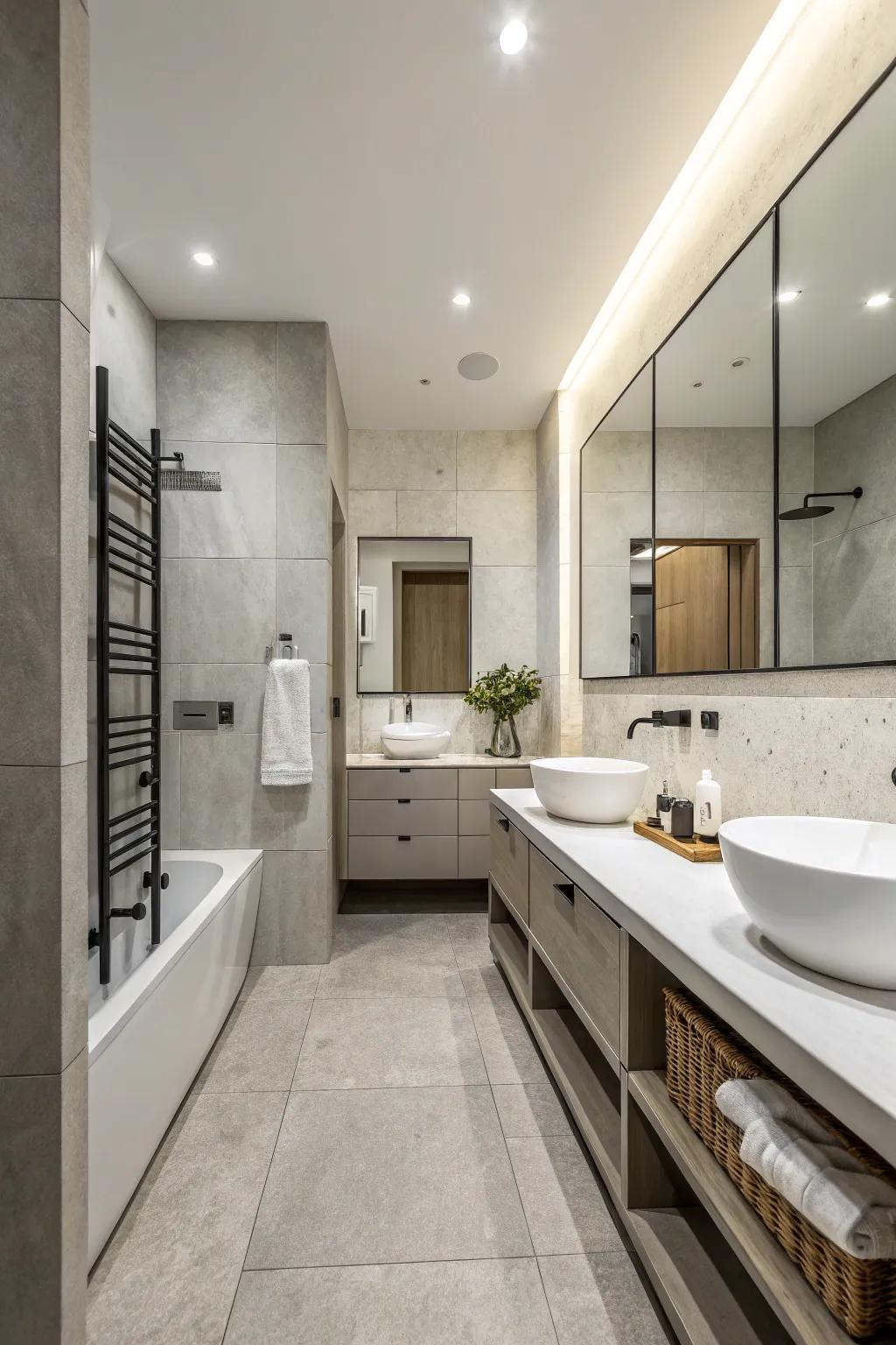 A contemporary bathroom showcasing a serene neutral color scheme.