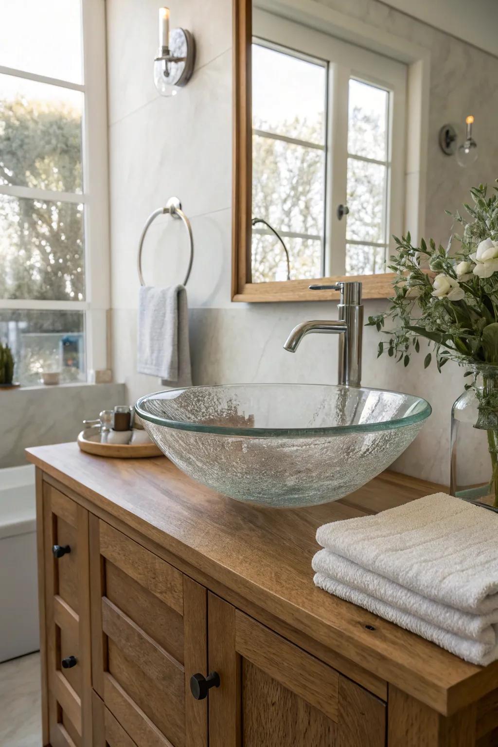 A crystal vessel sink brings a sense of refinement to contemporary bathroom designs.