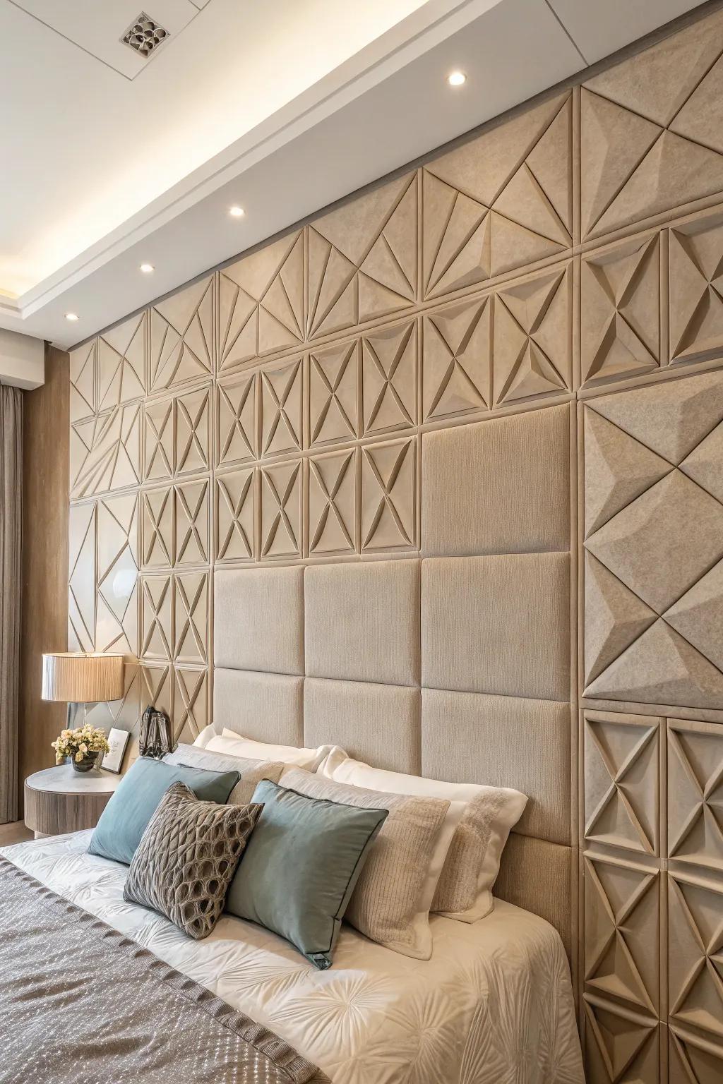 Geometric textured panels bring depth and modernity to this bedroom wall.