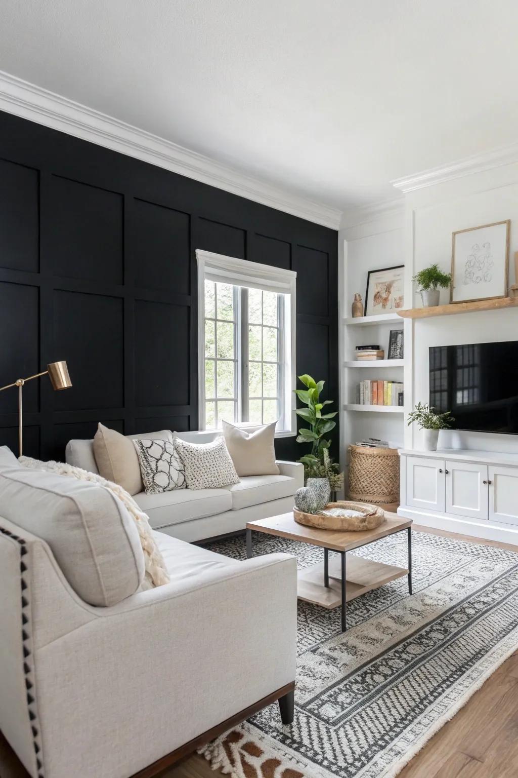 A sleek charcoal focus wall introduces depth and drama to this contemporary living space.