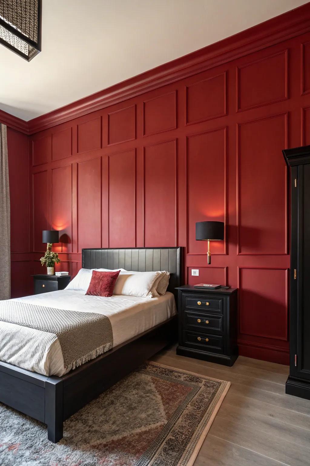 A captivating deep scarlet feature wall in a modern bedroom.