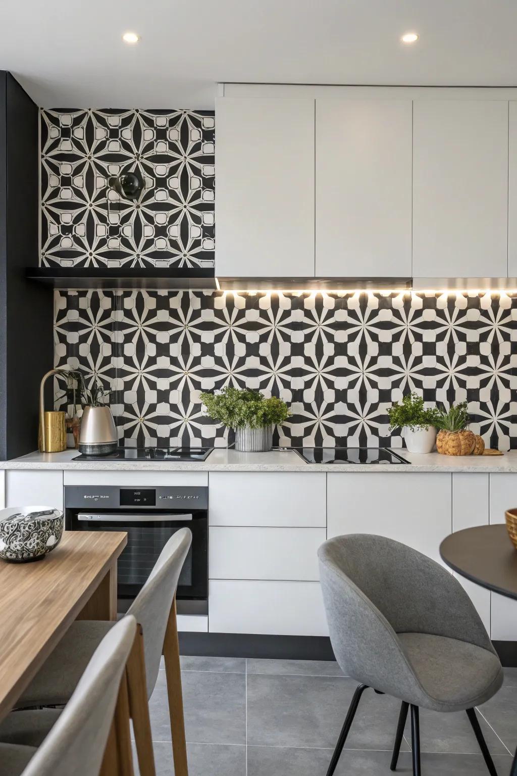An angular black and white backsplash contributes a contemporary aesthetic.