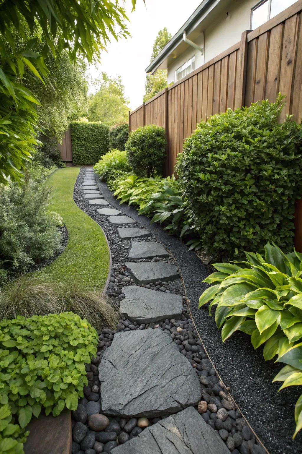 A garden path outlined with elegant dark stones.