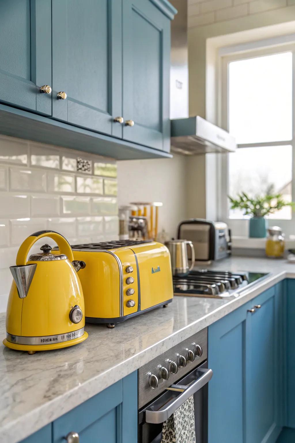 Vivid yellow appliances bring a cheerful element to a modern kitchen design.