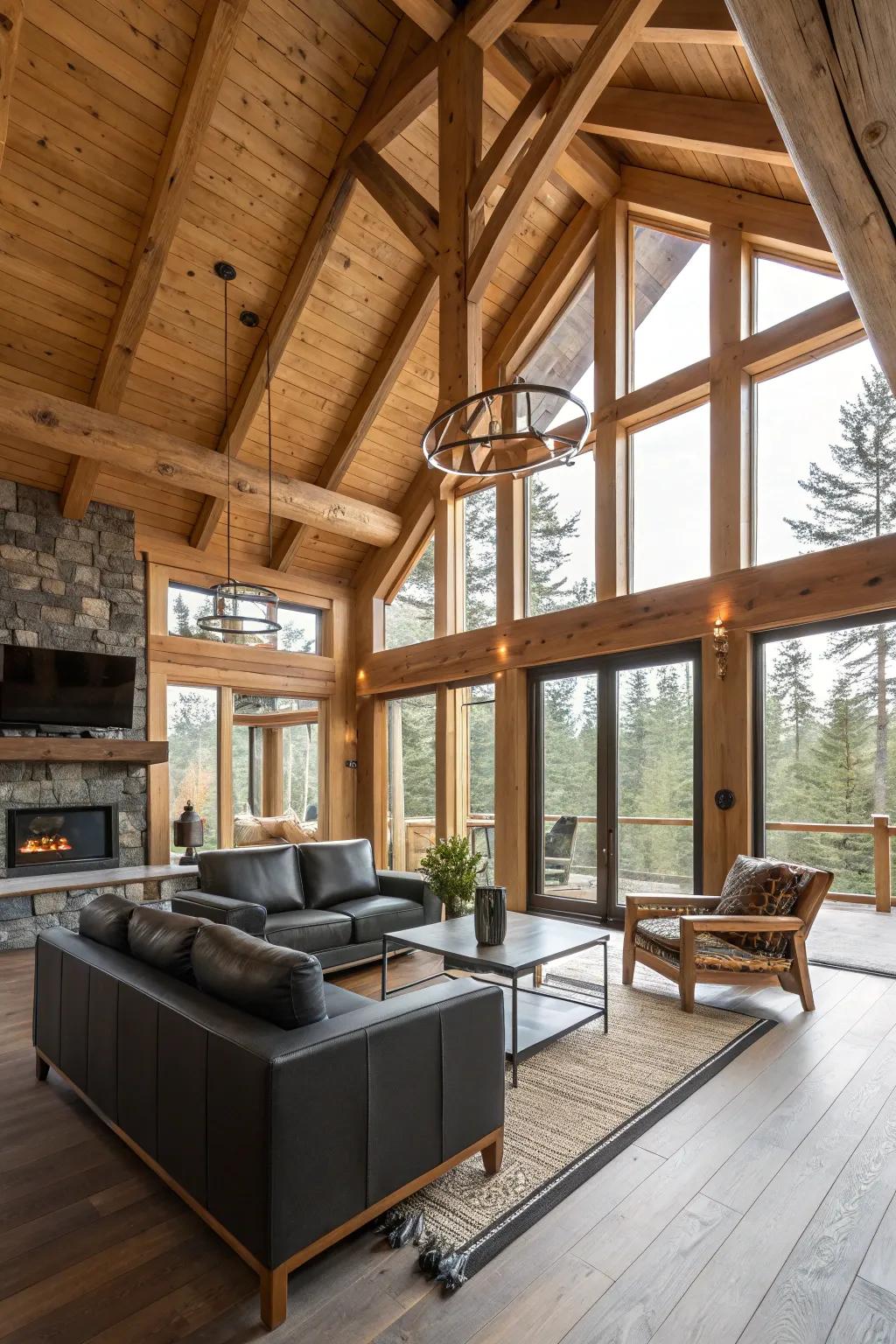 Exposed beams give a rustic touch to a modern cabin setting.