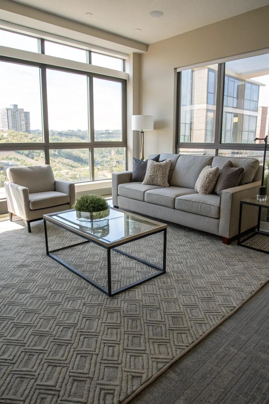 A chic living room showcases a carpet in neutral grays and beiges, enhancing its contemporary decor.