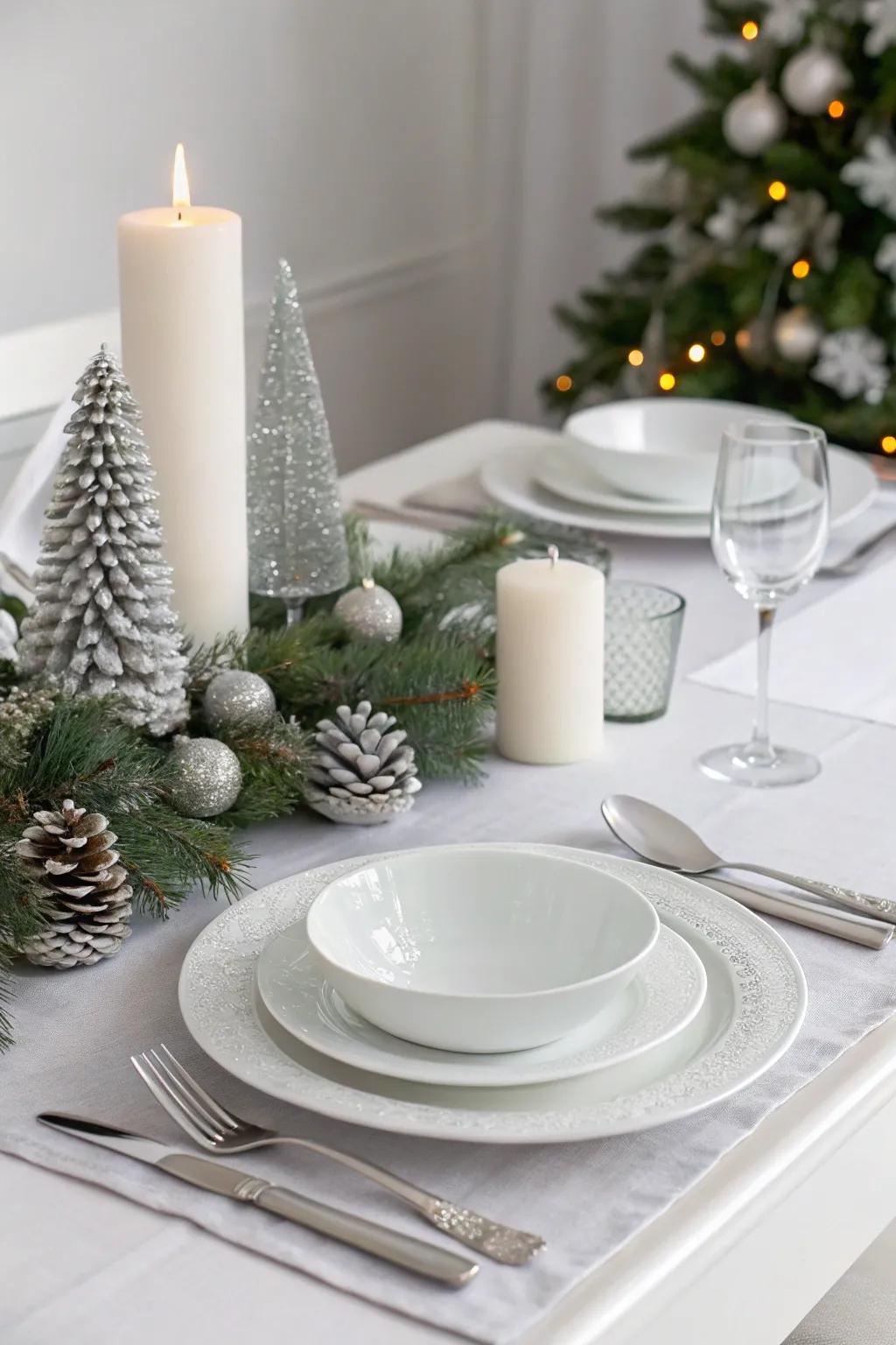 A minimalist Christmas table setting featuring white and silver elegance.