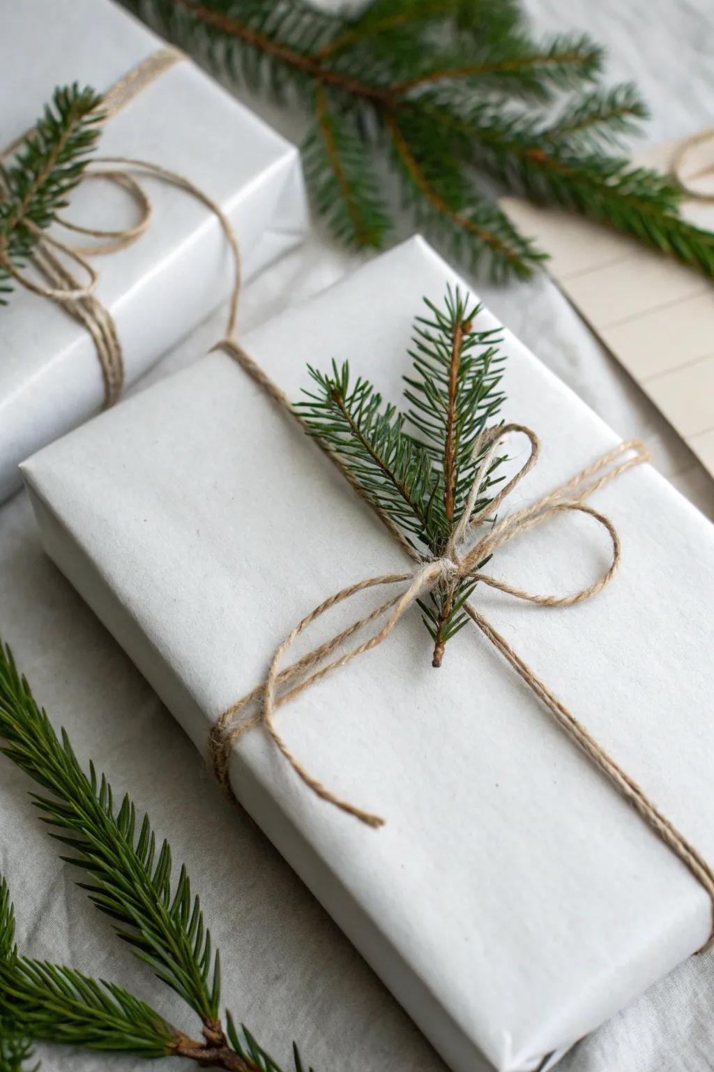 A simply adorned Christmas gift in plain white paper, accentuated with twine and a touch of greenery.