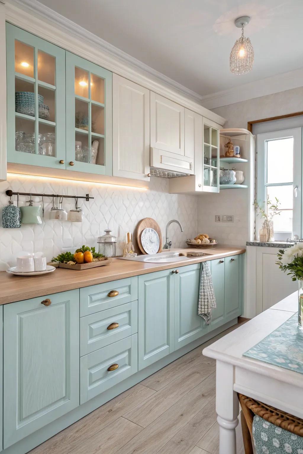 A coastal kitchen showcasing a calming assortment of whites and blues.