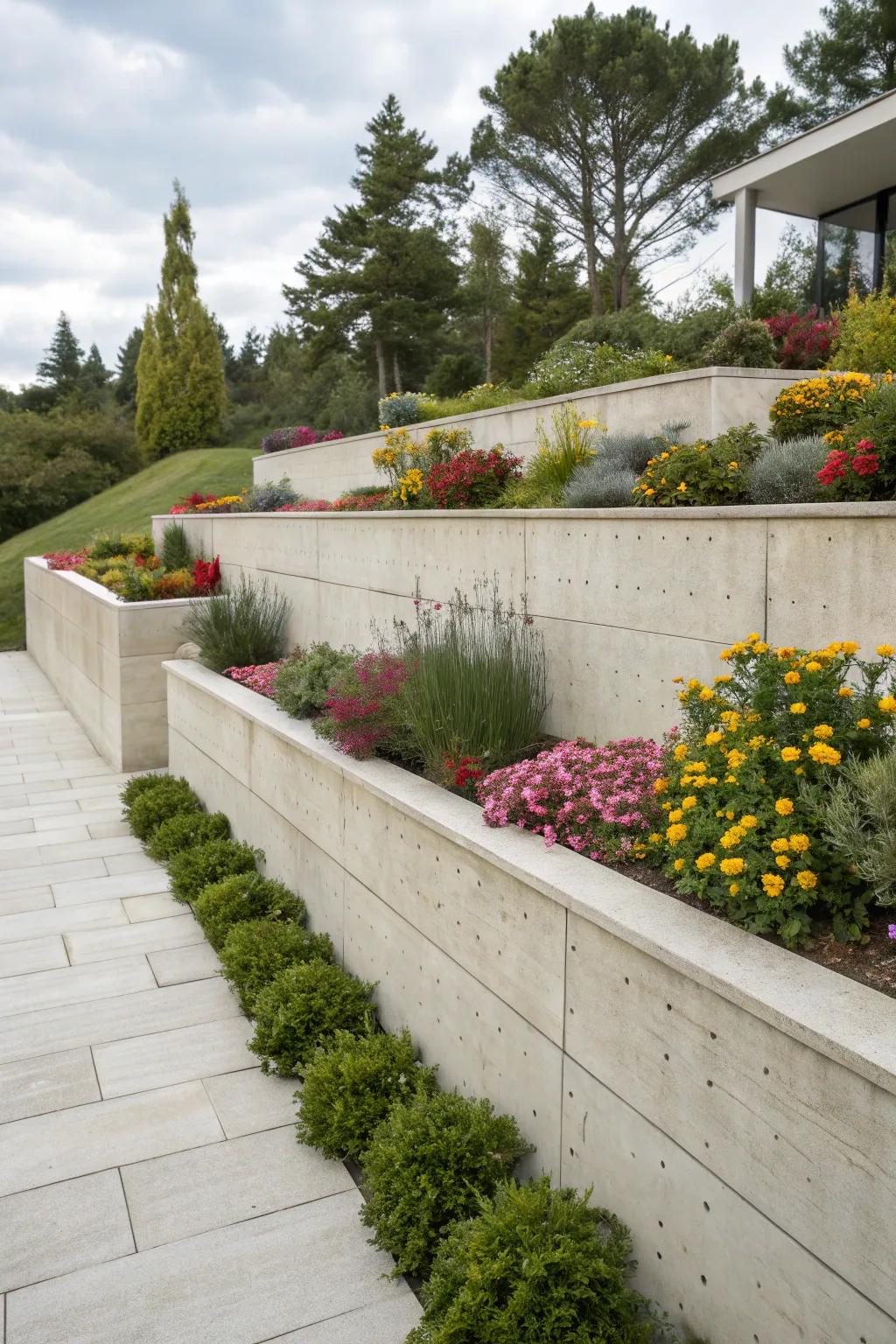 Simple reinforced wall featuring tidy lines, suitable for a modern landscape.