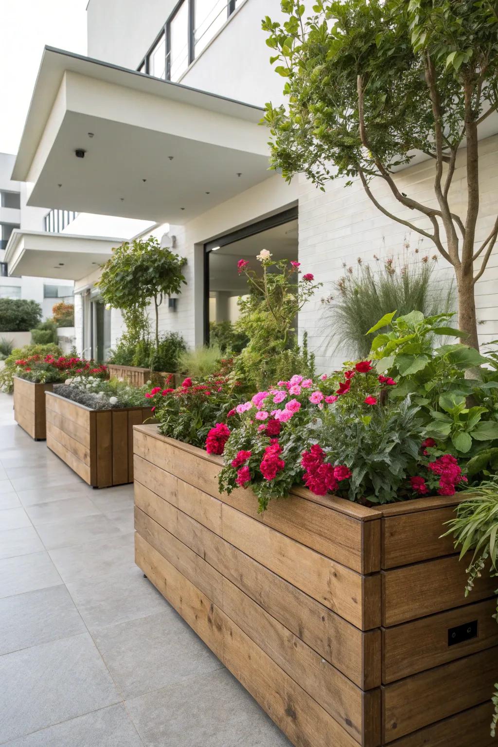 Elevated planters add depth and sophistication to any garden corner.