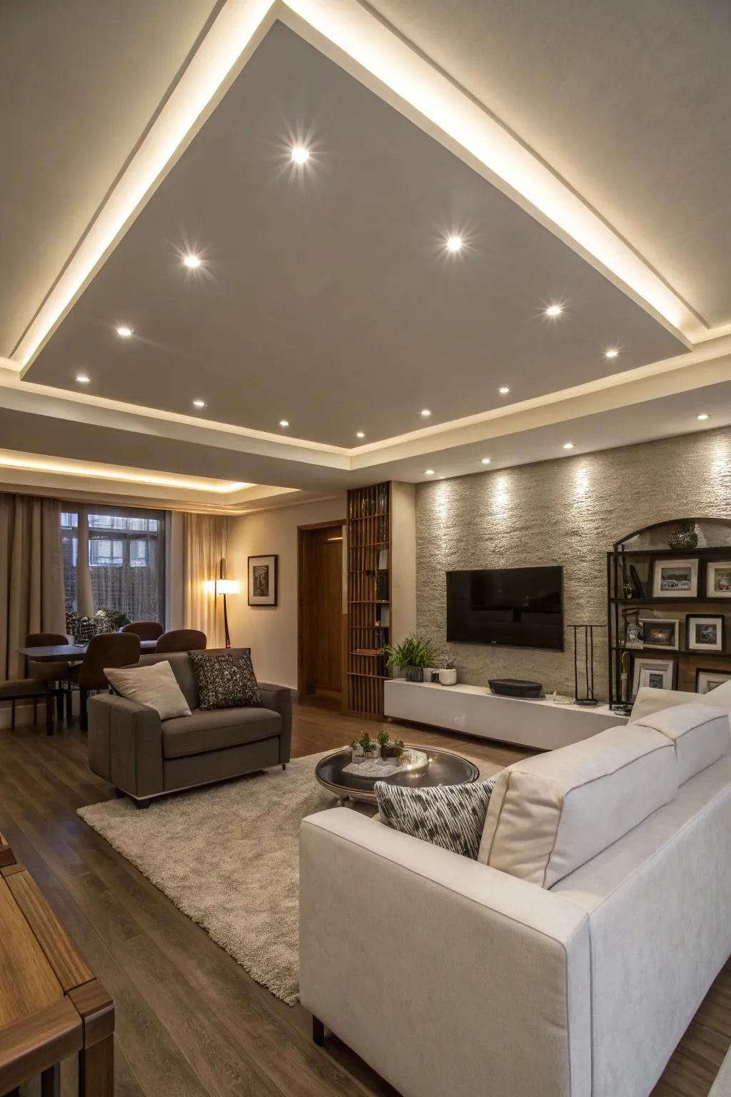 Inset lighting integrates smoothly into a contemporary ceiling.