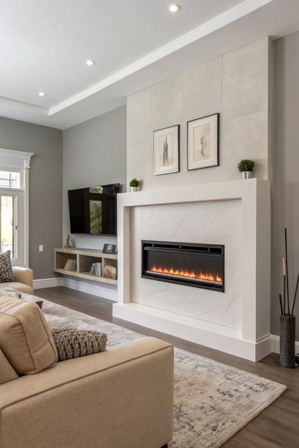 A minimalist wall-mounted electric fireplace in a modern living room setting.