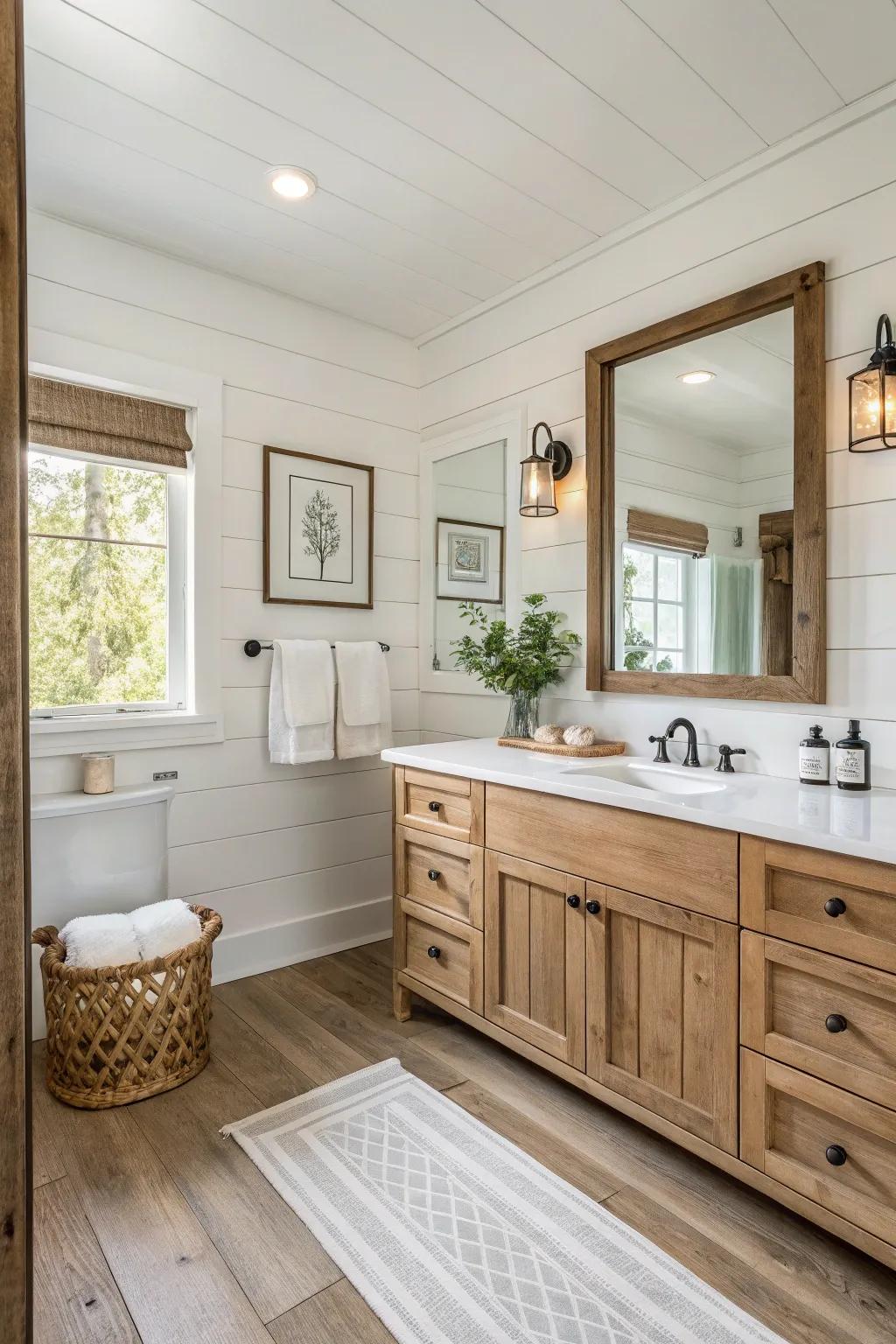 Neutral shades establish a tranquil atmosphere in this country-style bathroom.