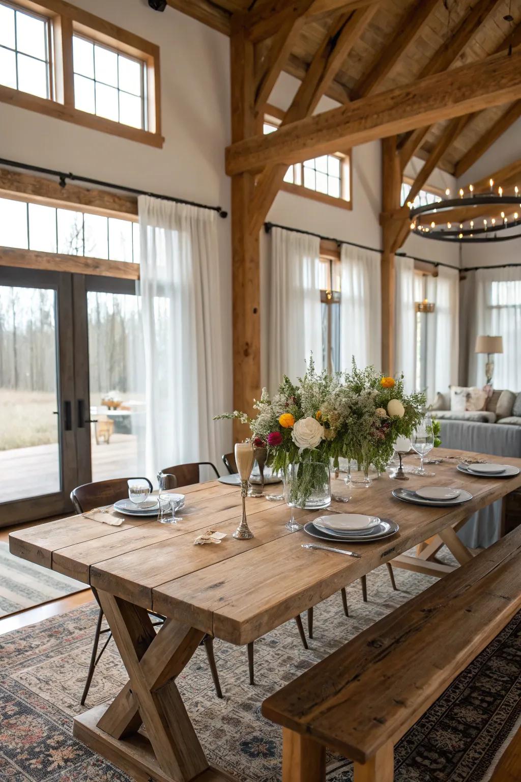 A natural wood table establishes the ambiance for your country dining space.