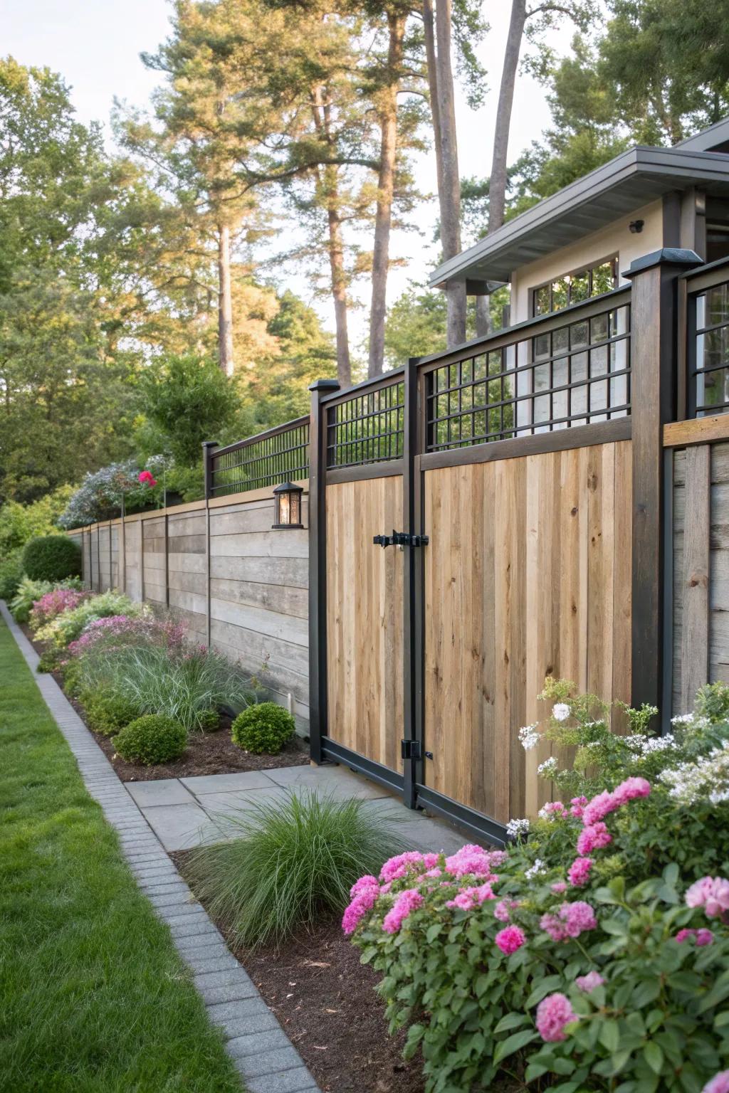 A modern farmhouse fence showcases a sophisticated blend of wood and metal for a cutting-edge twist.