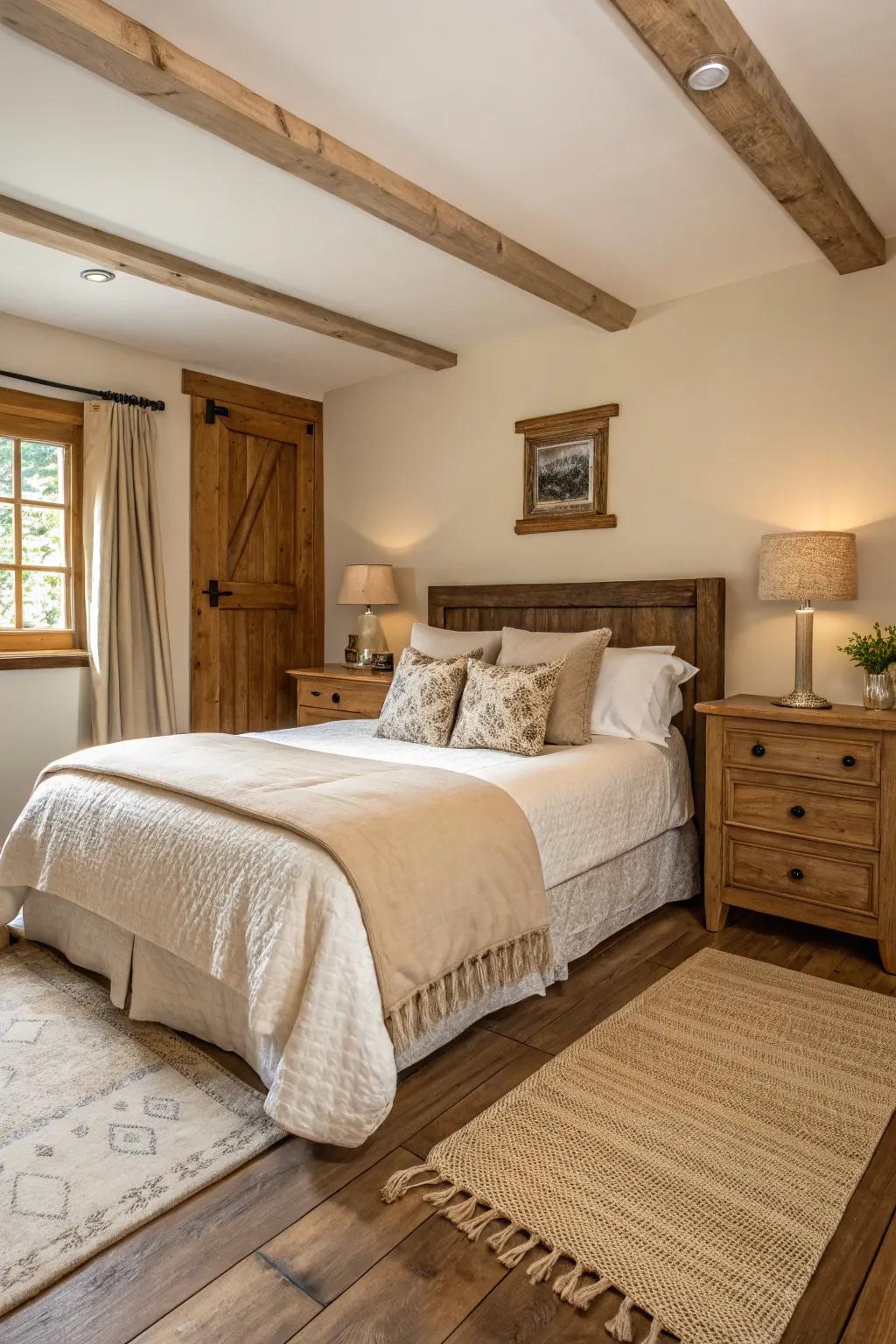 A peaceful guest bedroom showing off a neutral color story and country-style accents.