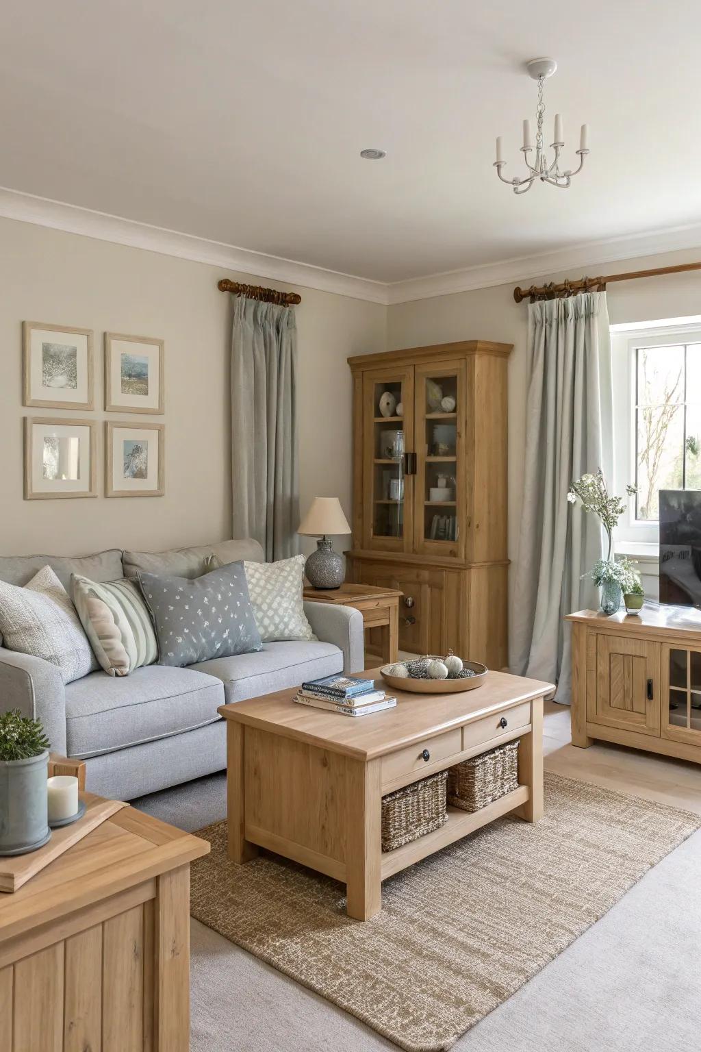A tranquil living room featuring a neutral color scheme, establishing the quintessential modern farmhouse vibe.