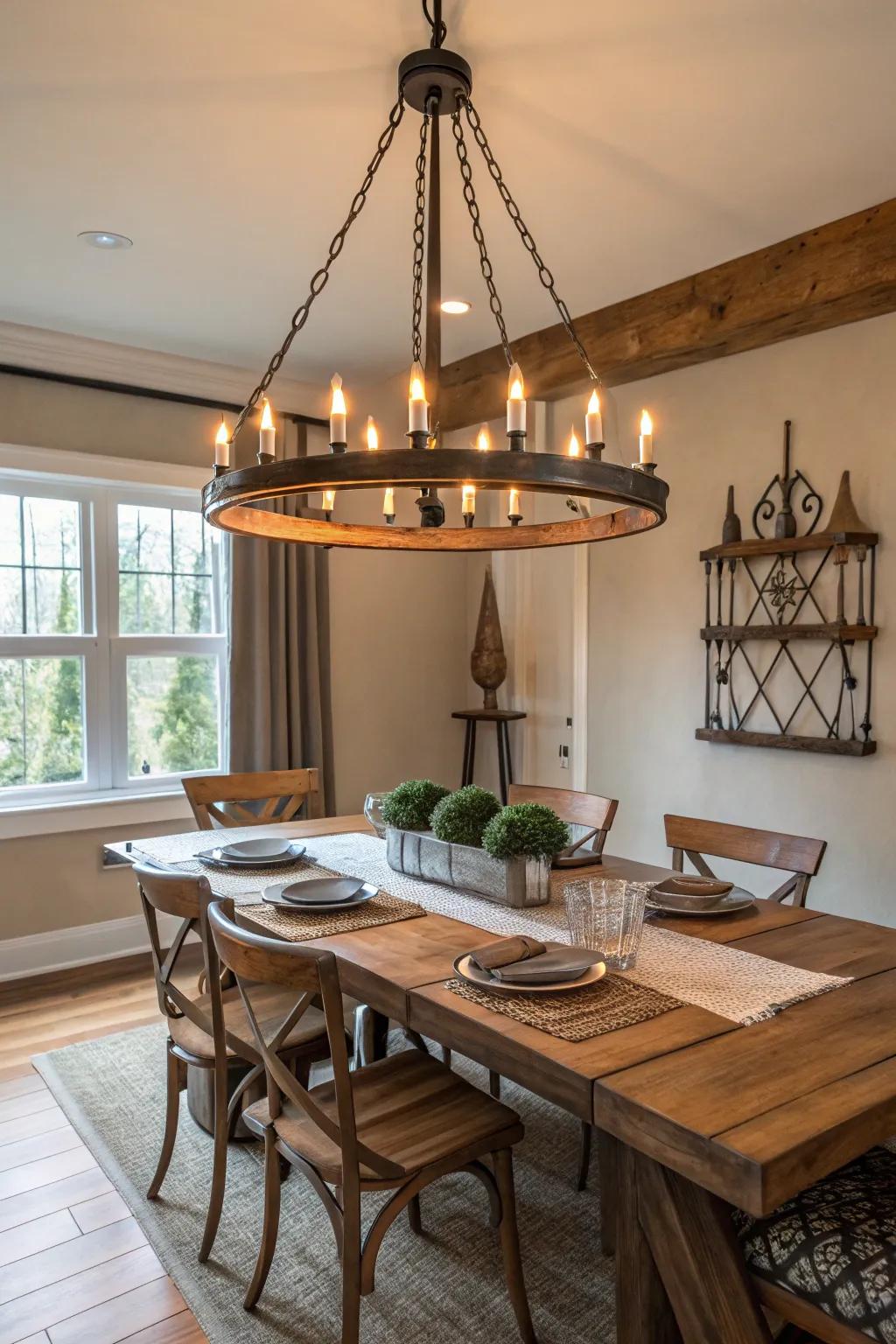 A rustic metal chandelier infuses personality into any dining space.