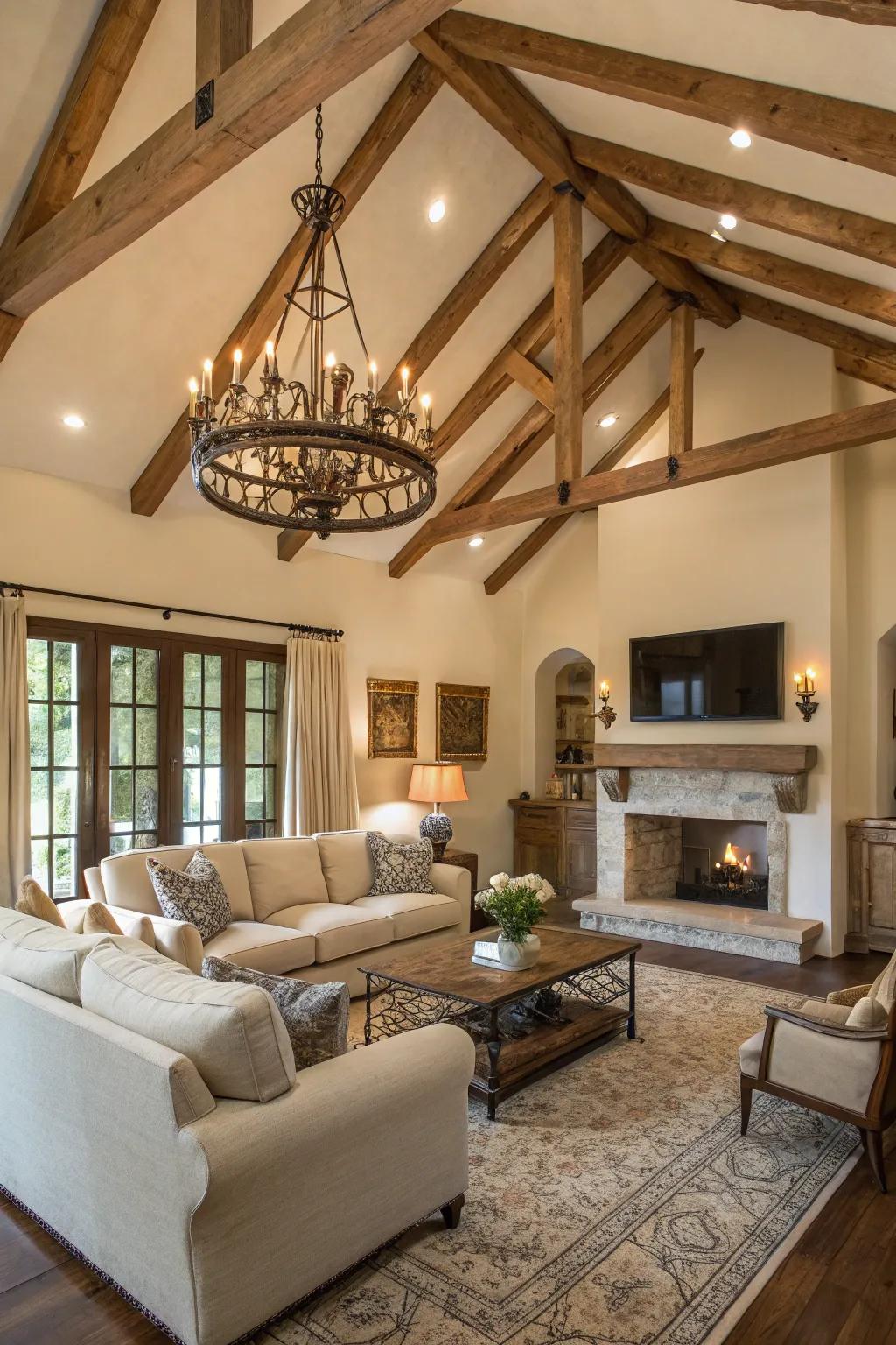 Exposed wooden beams bring structural beauty and countryside charm to the living area.