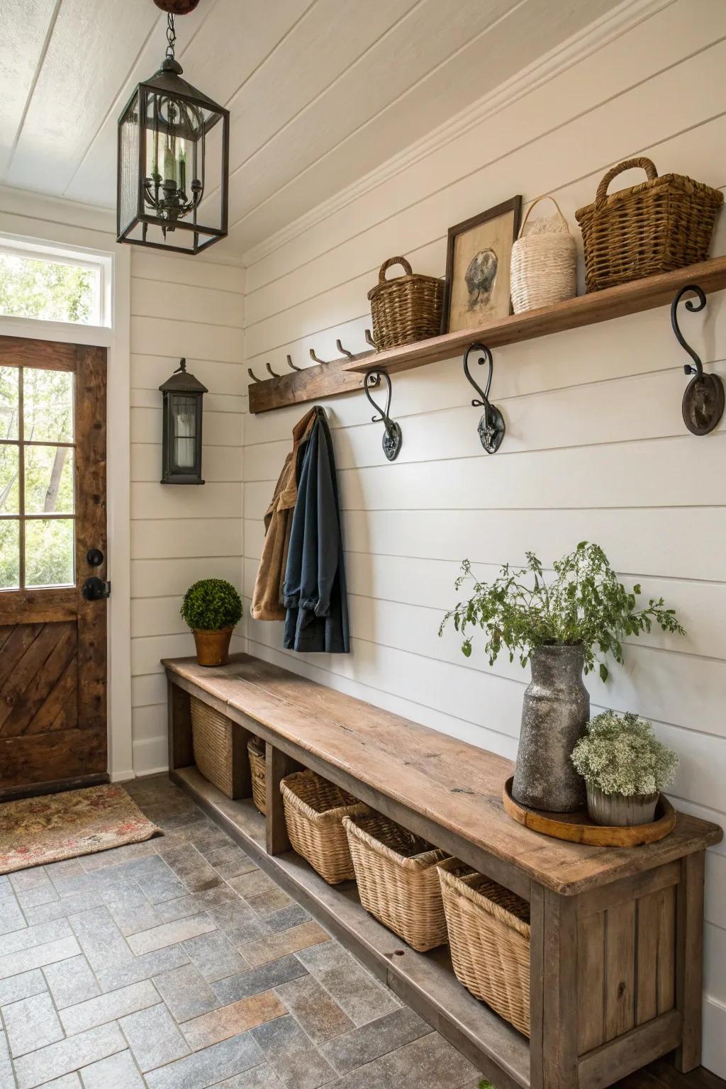 Delightful mudroom featuring panel-style walls for a countryside feel.