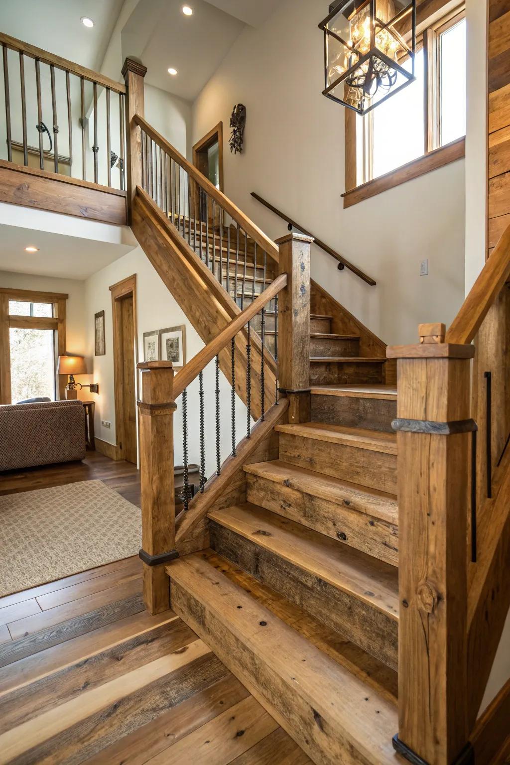 A staircase showcasing repurposed wood steps and genuine wood railings, embodying rustic charm.