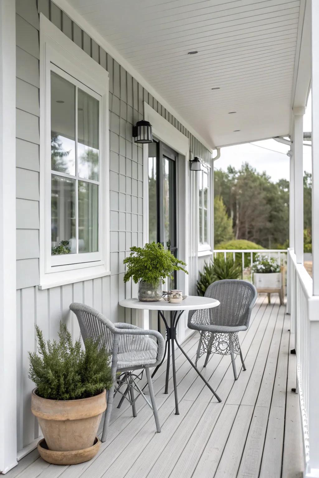 A contemporary porch incorporating a neutral color scheme with understated sophistication.