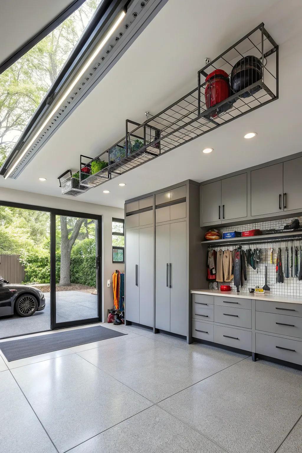 Optimize space with sleek storage solutions in your modern garage.