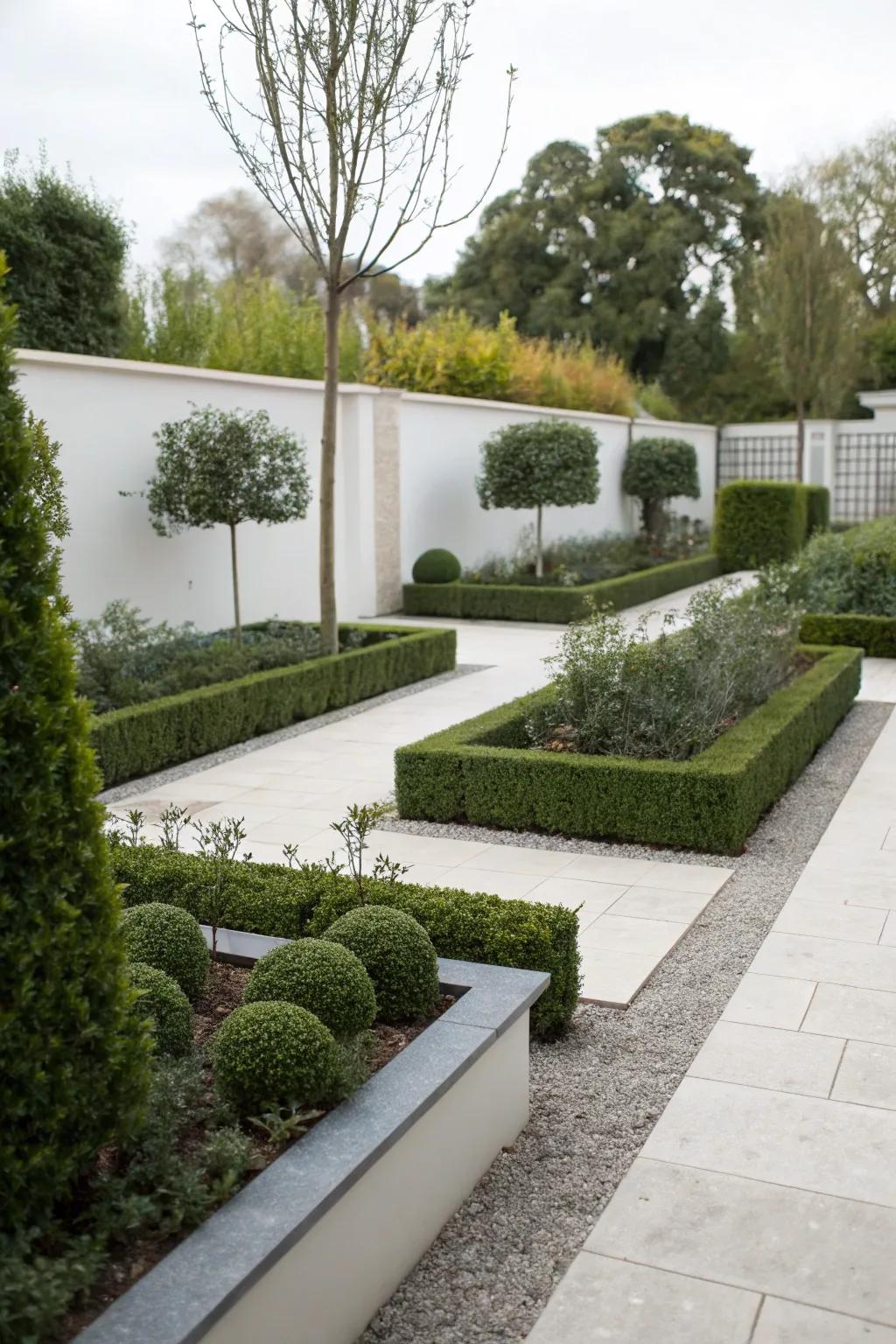 A streamlined garden design distinguished by structured lines and simplicity.