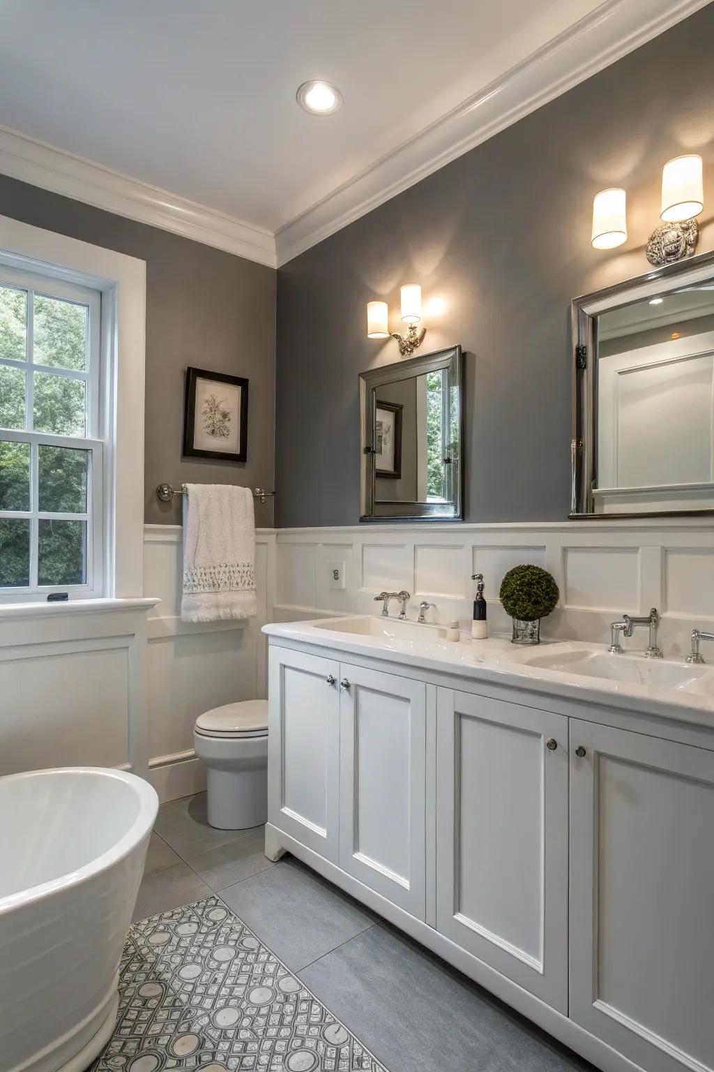 A balanced blend of gray and white sets the stage for a tranquil bathroom experience.